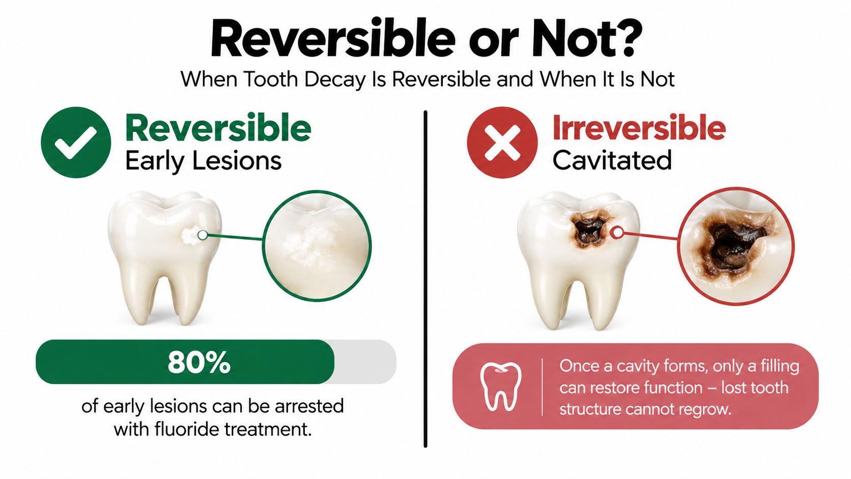 An educational graphic comparing reversible early tooth decay lesions to irreversible cavitated tooth decay cavities.