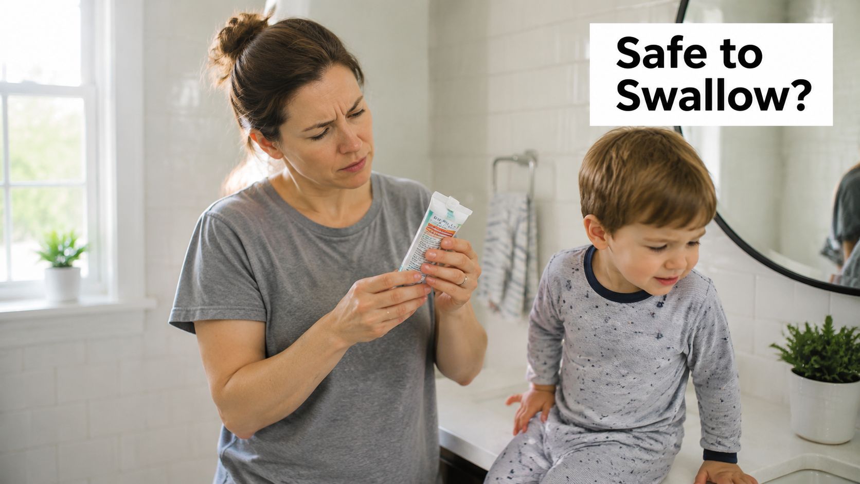 A concerned mother reads the ingredients label on a tube of toothpaste while her young son sits nearby.