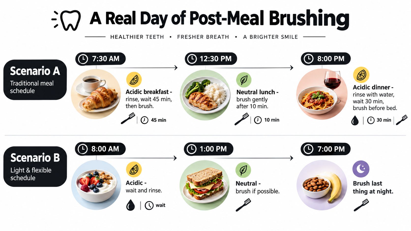 An infographic showing two different schedules for brushing teeth after meals based on food acidity levels.