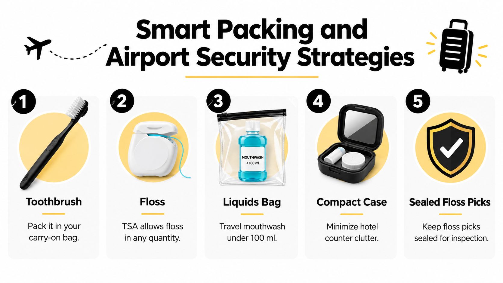 A travel infographic showing five essential dental hygiene items to pack for airport security and easy travel.