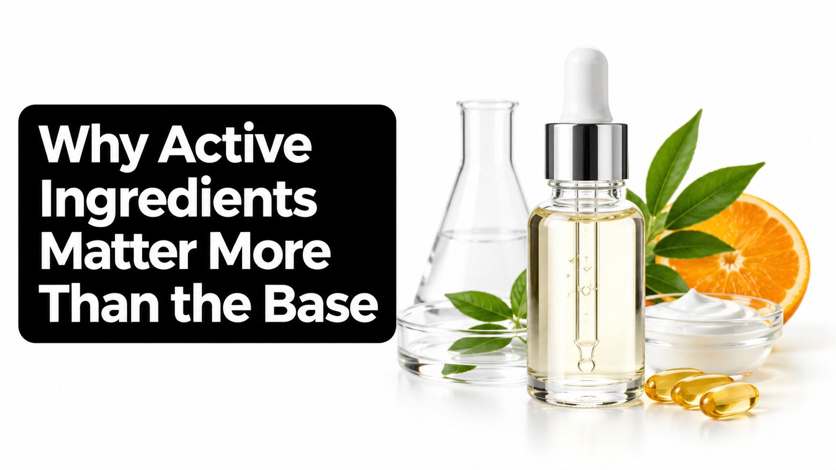 A serum bottle, orange slices, and skincare cream representing the importance of active ingredients in skincare formulations.