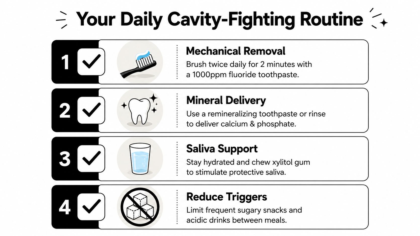A four-step infographic illustrating a daily cavity-fighting routine, including brushing, mineral delivery, saliva support, and sugar reduction.