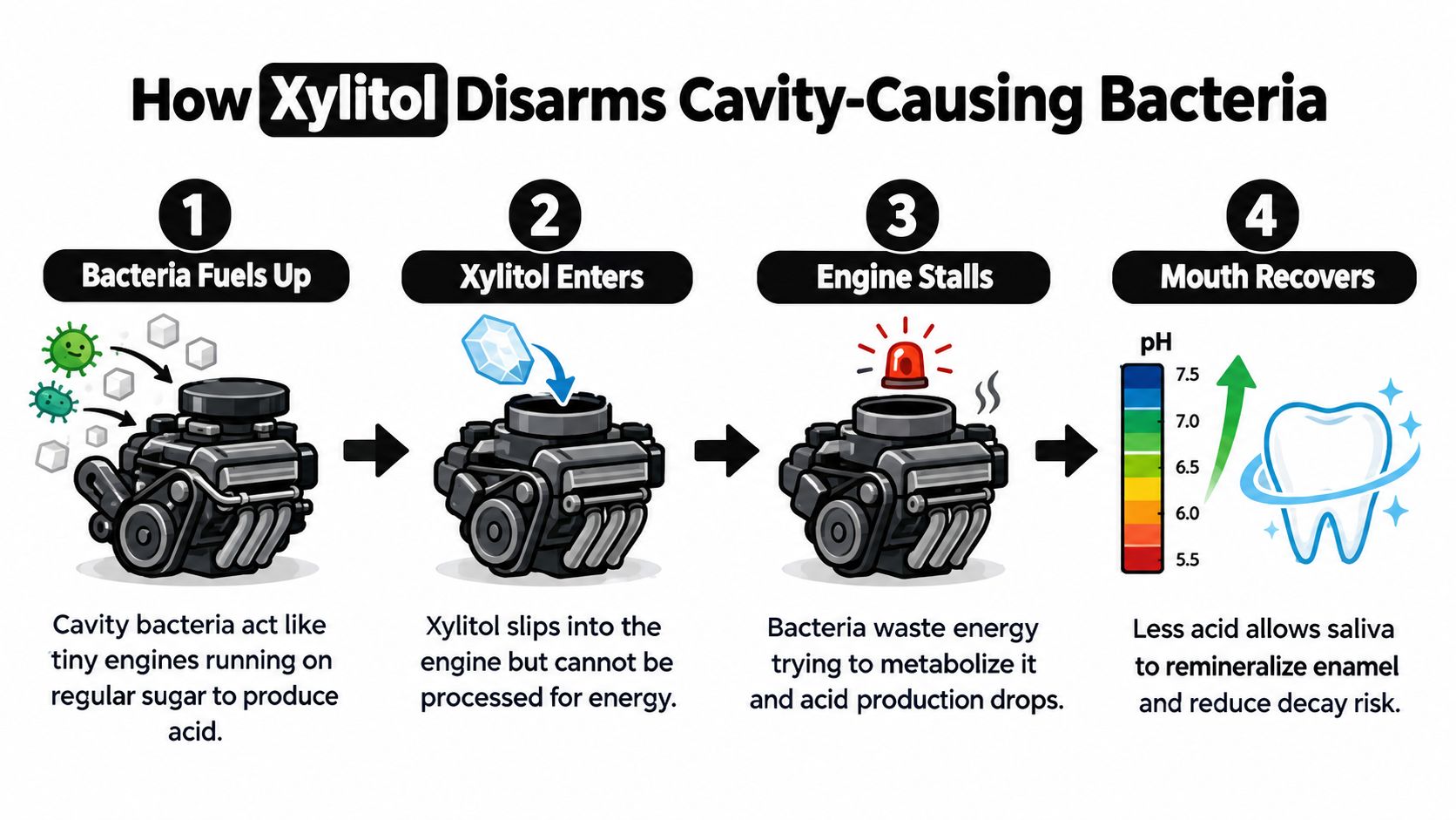 An infographic showing four steps explaining how xylitol prevents tooth decay by disrupting bacteria's energy metabolism.