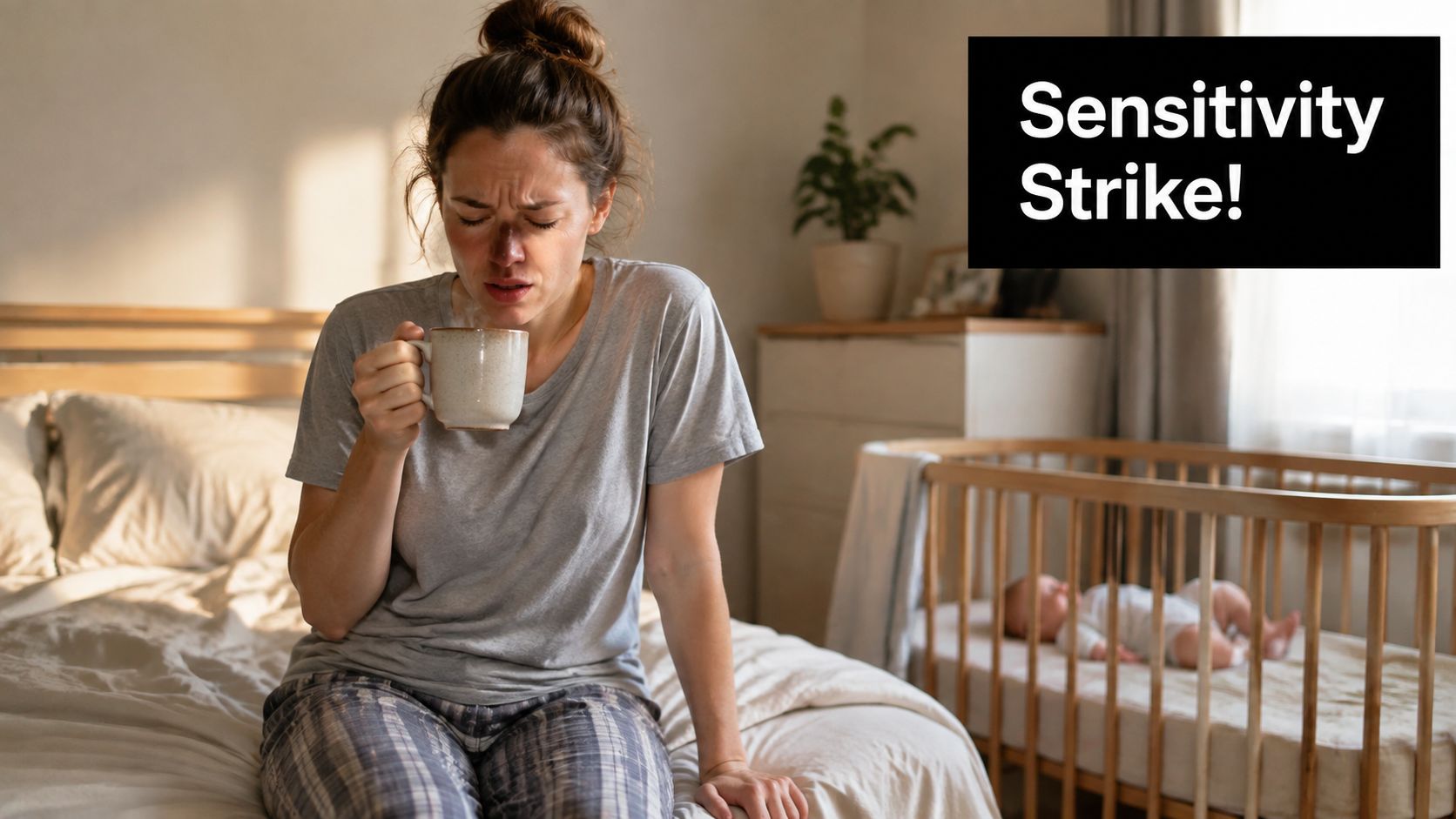 A tired mother holding a hot drink, experiencing tooth sensitivity in a bedroom with a sleeping infant.