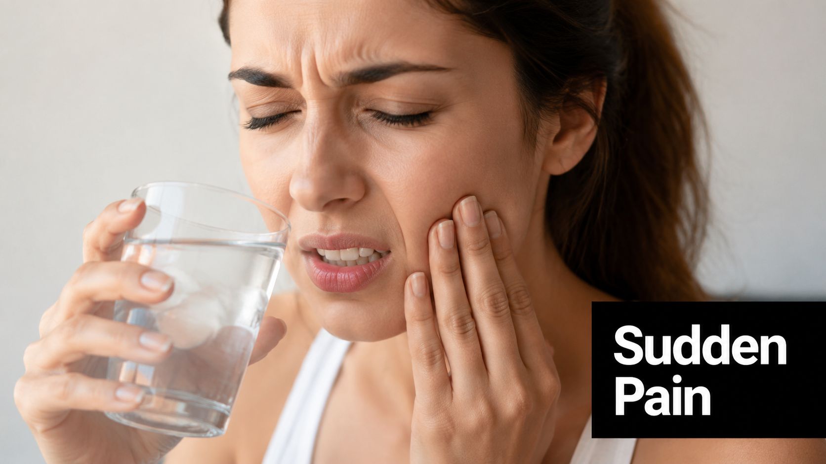 A young woman suffering from tooth sensitivity while drinking a glass of cold water at home.