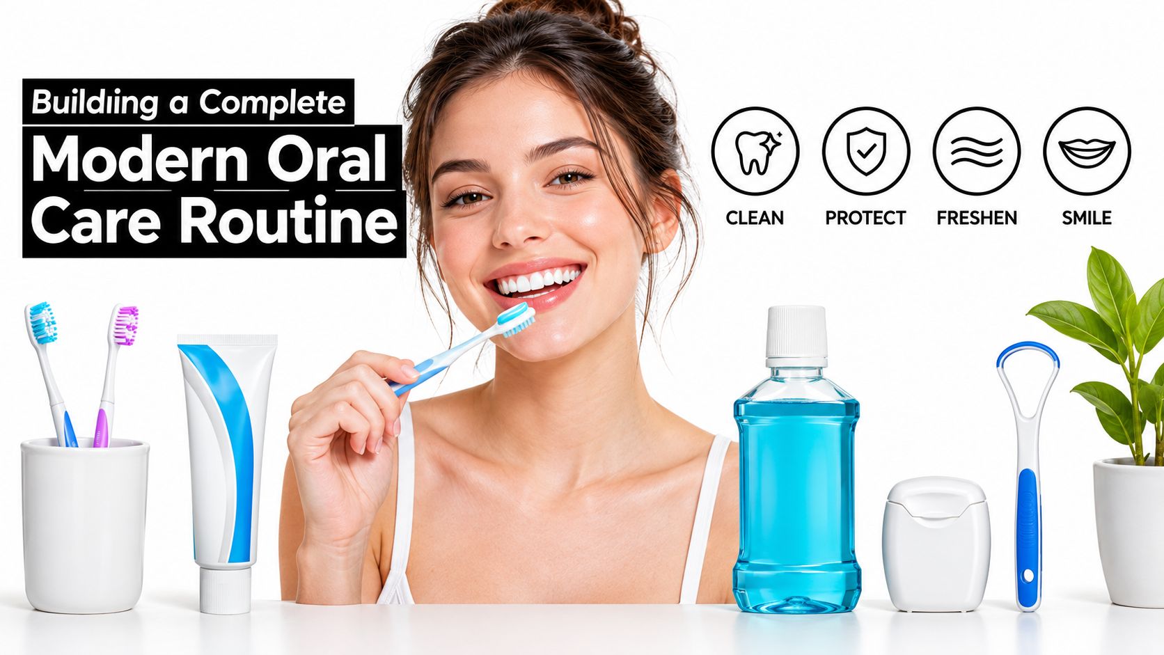 A woman smiling brightly surrounded by oral care products including toothbrushes, toothpaste, mouthwash, floss, and a tongue scraper.