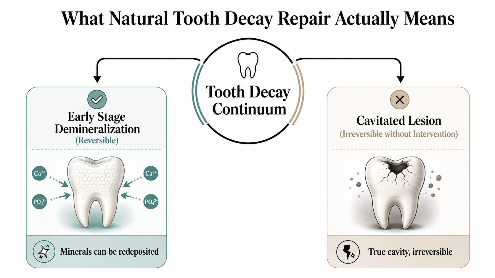 A diagram explaining the tooth decay continuum, showing reversible early demineralization versus irreversible cavitated lesions.