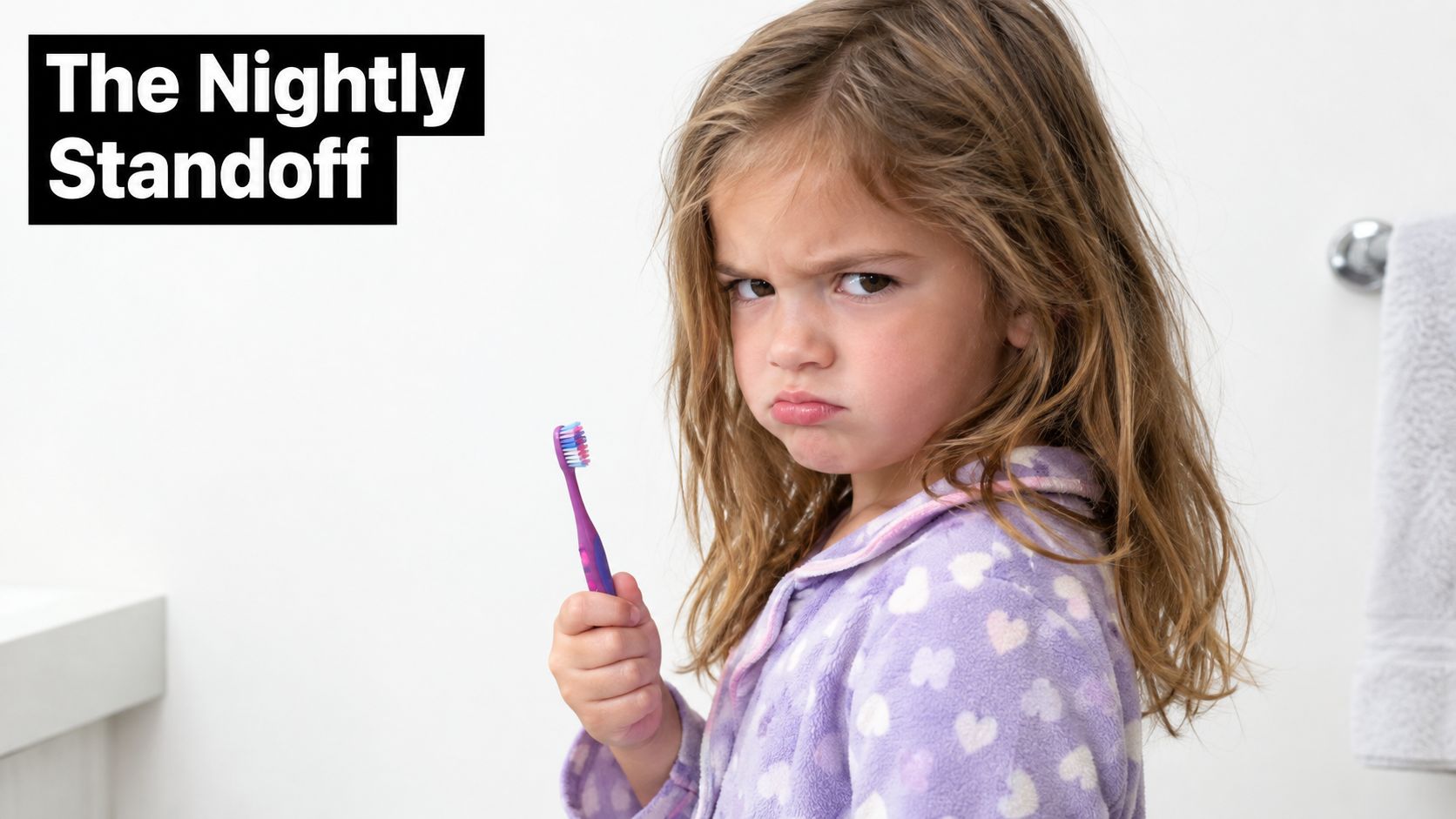 A young girl in pajamas looking grumpy while holding a toothbrush, representing a difficult bedtime routine.