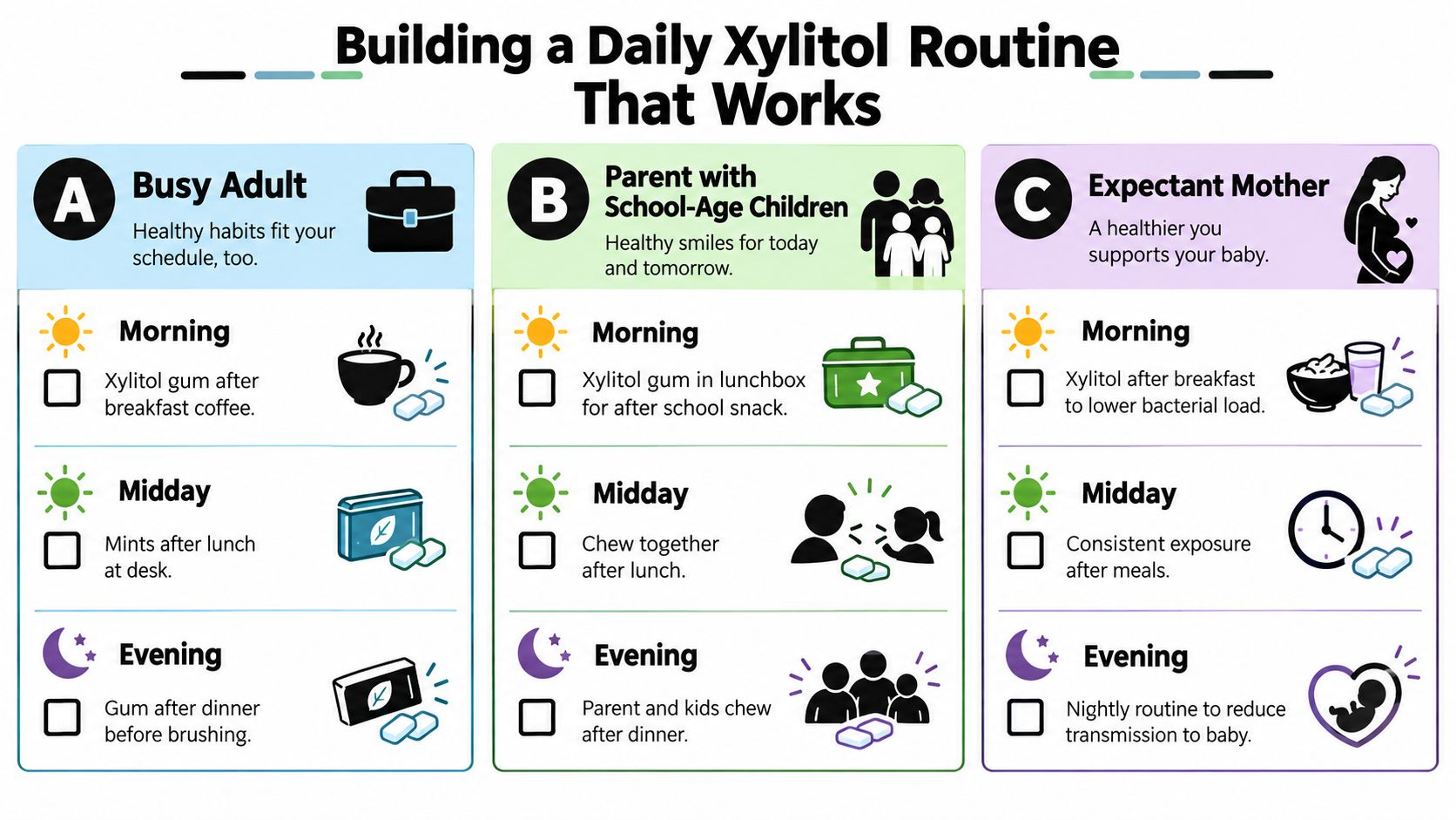 An infographic showing daily xylitol usage routines for busy adults, parents with children, and expectant mothers.