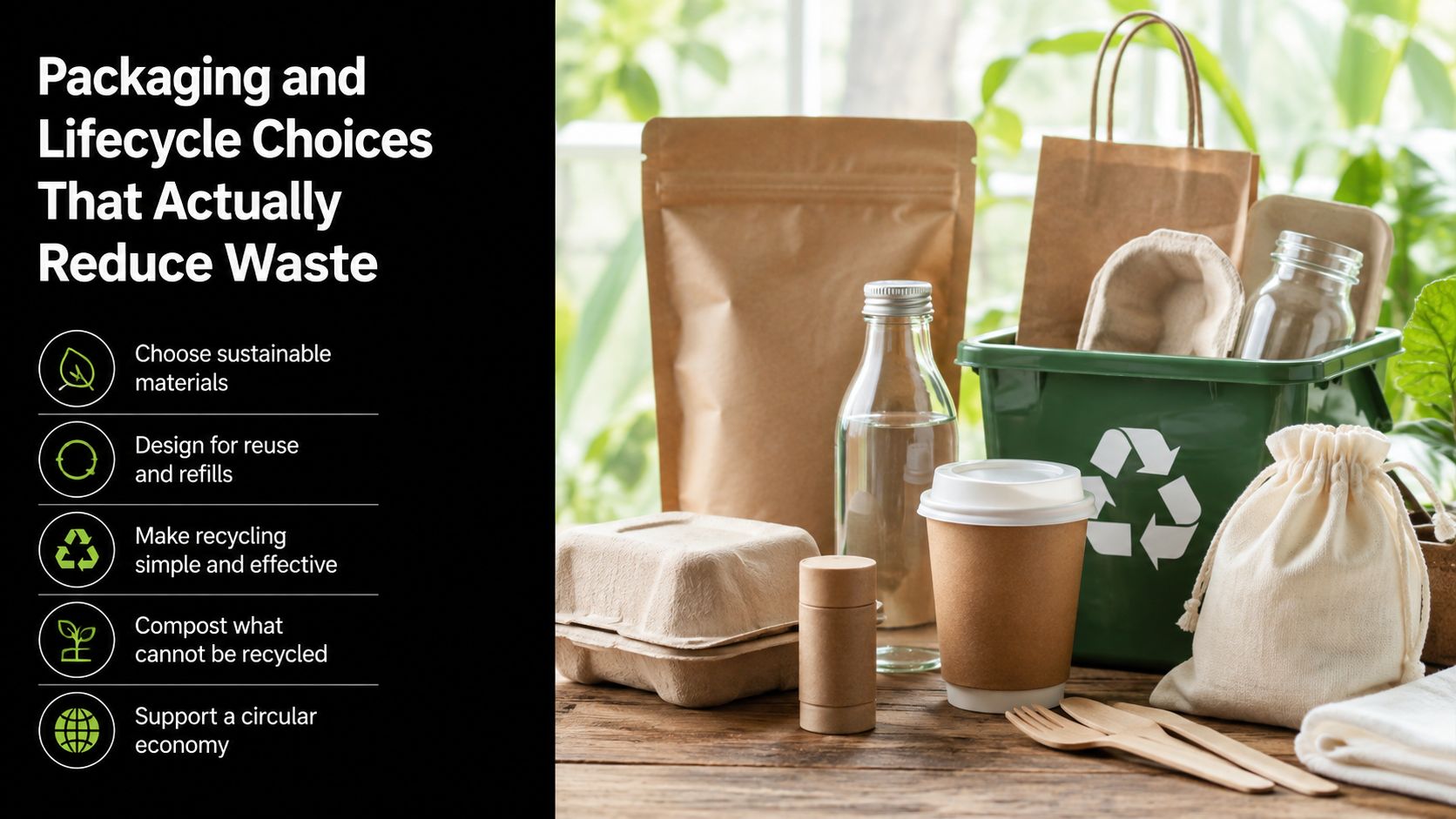 A collection of sustainable, eco-friendly packaging options and reusable containers sitting on a wooden surface.