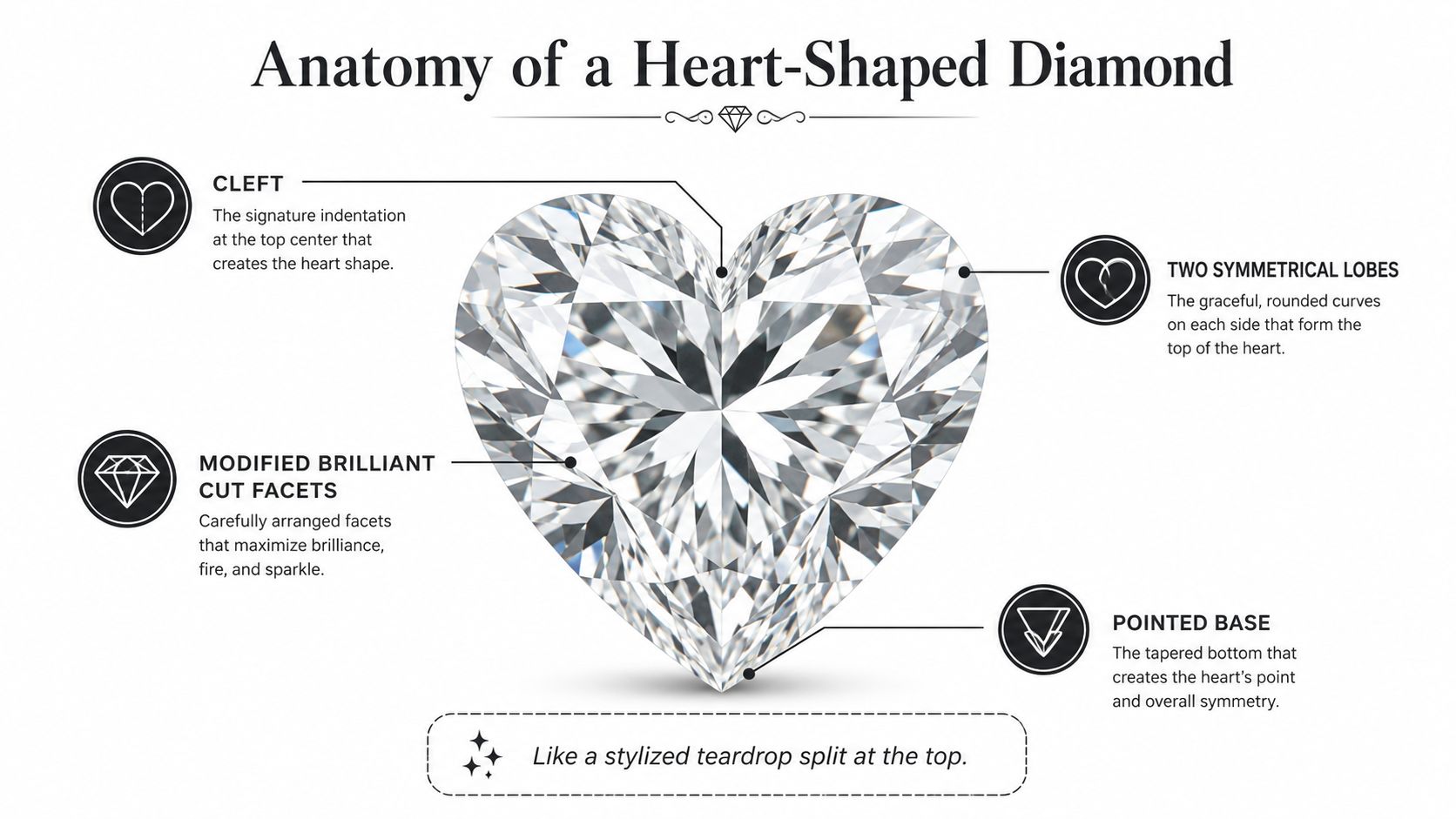 A detailed anatomy diagram of a heart-shaped diamond showing the cleft, lobes, facets, and pointed base.