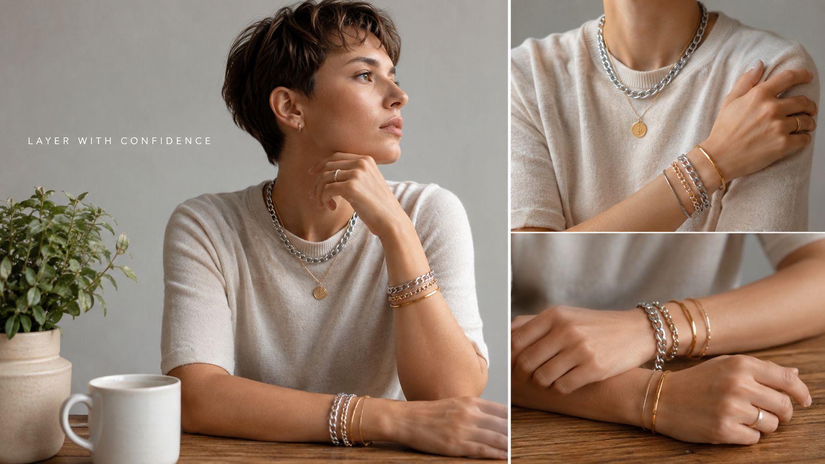 A model wearing layered silver and gold chains and bracelets while sitting at a wooden table.