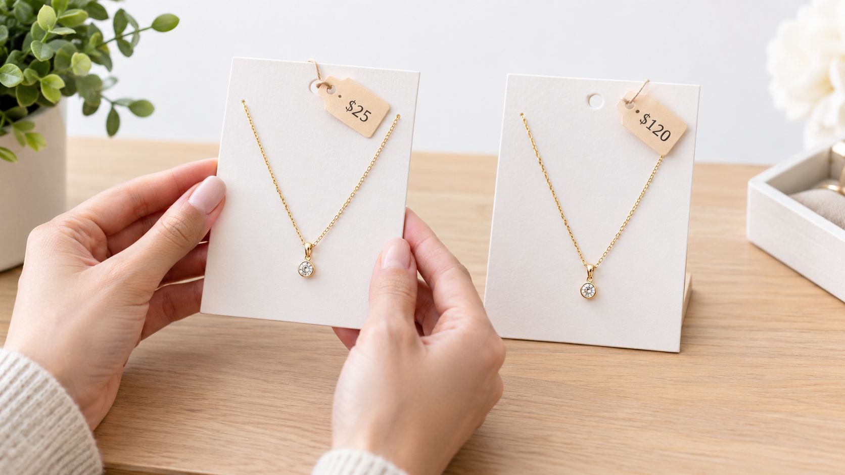 A person holds a gold necklace with a $25 tag next to another gold necklace costing $120.