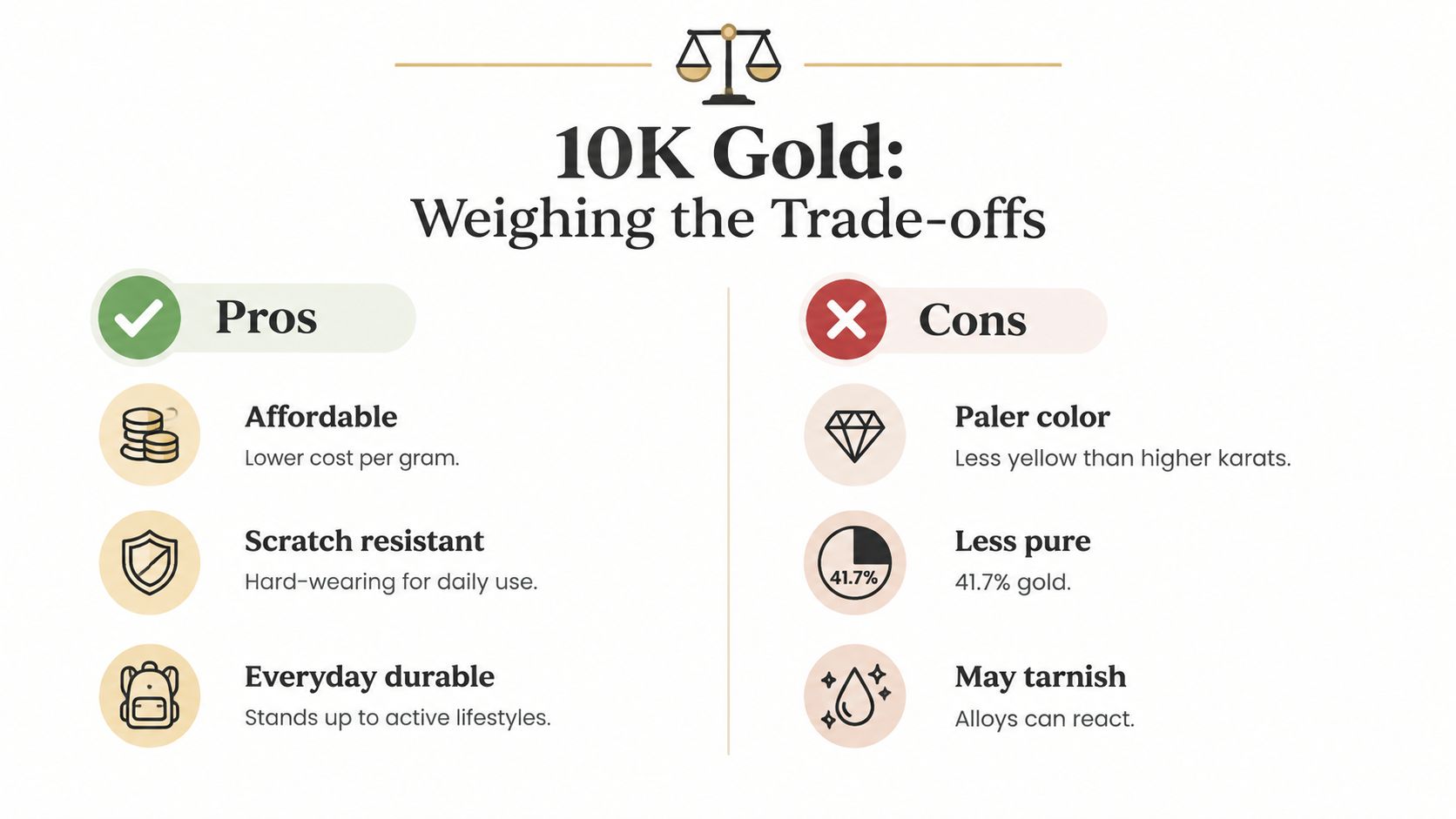 A comparison chart showing the pros and cons of 10k gold, highlighting durability and affordability versus purity.