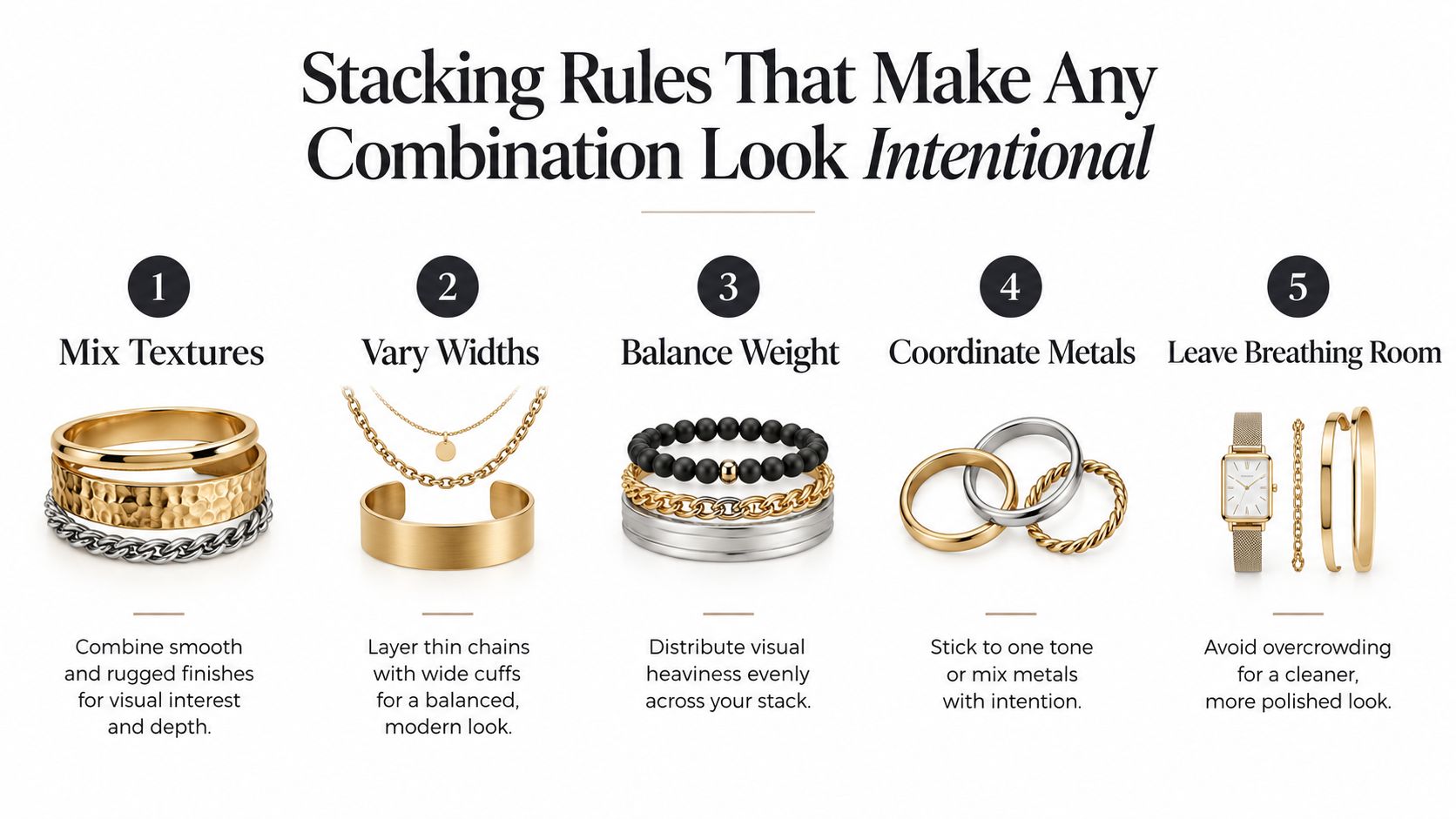 A five-step guide on how to style and stack bracelets and rings for a curated look.