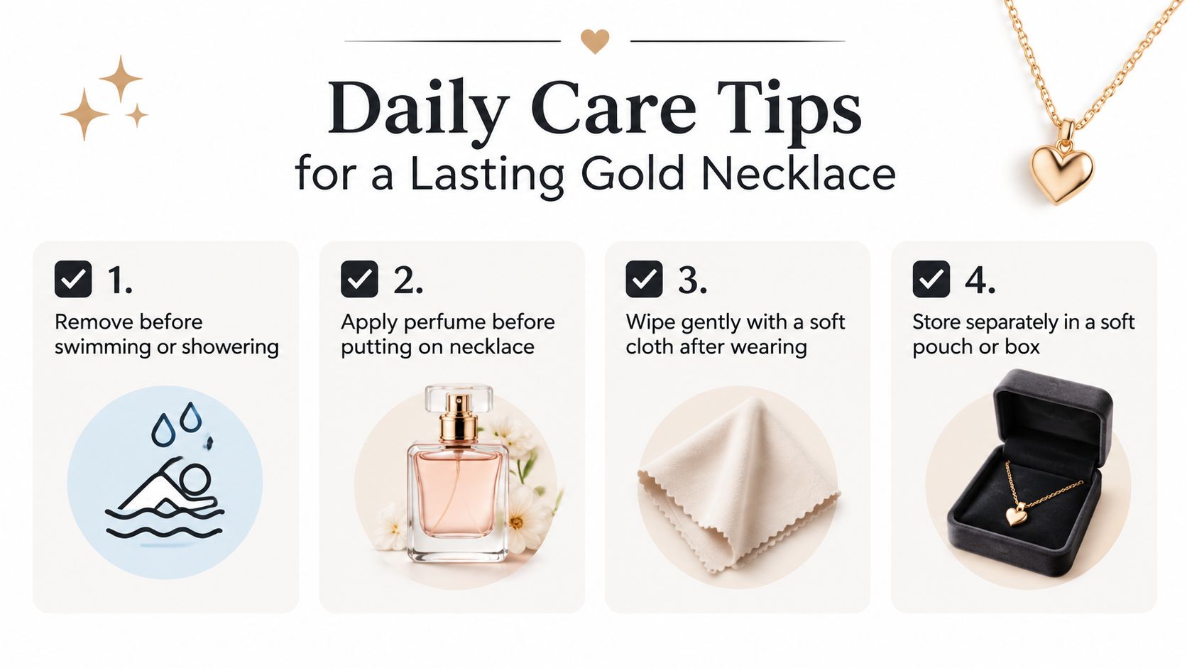 An infographic titled Daily Care Tips for a Lasting Gold Necklace, featuring four essential maintenance steps.