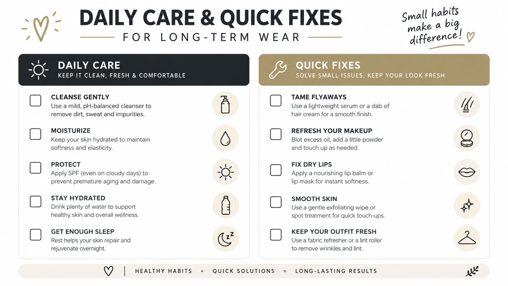 A helpful infographic listing daily self-care habits and quick fixes for maintaining a refreshed and polished look.
