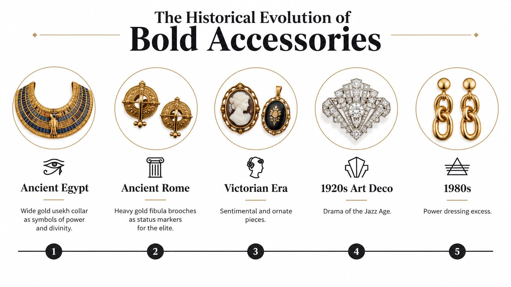 A timeline graphic showing the historical evolution of bold statement jewelry from Ancient Egypt to the 1980s.