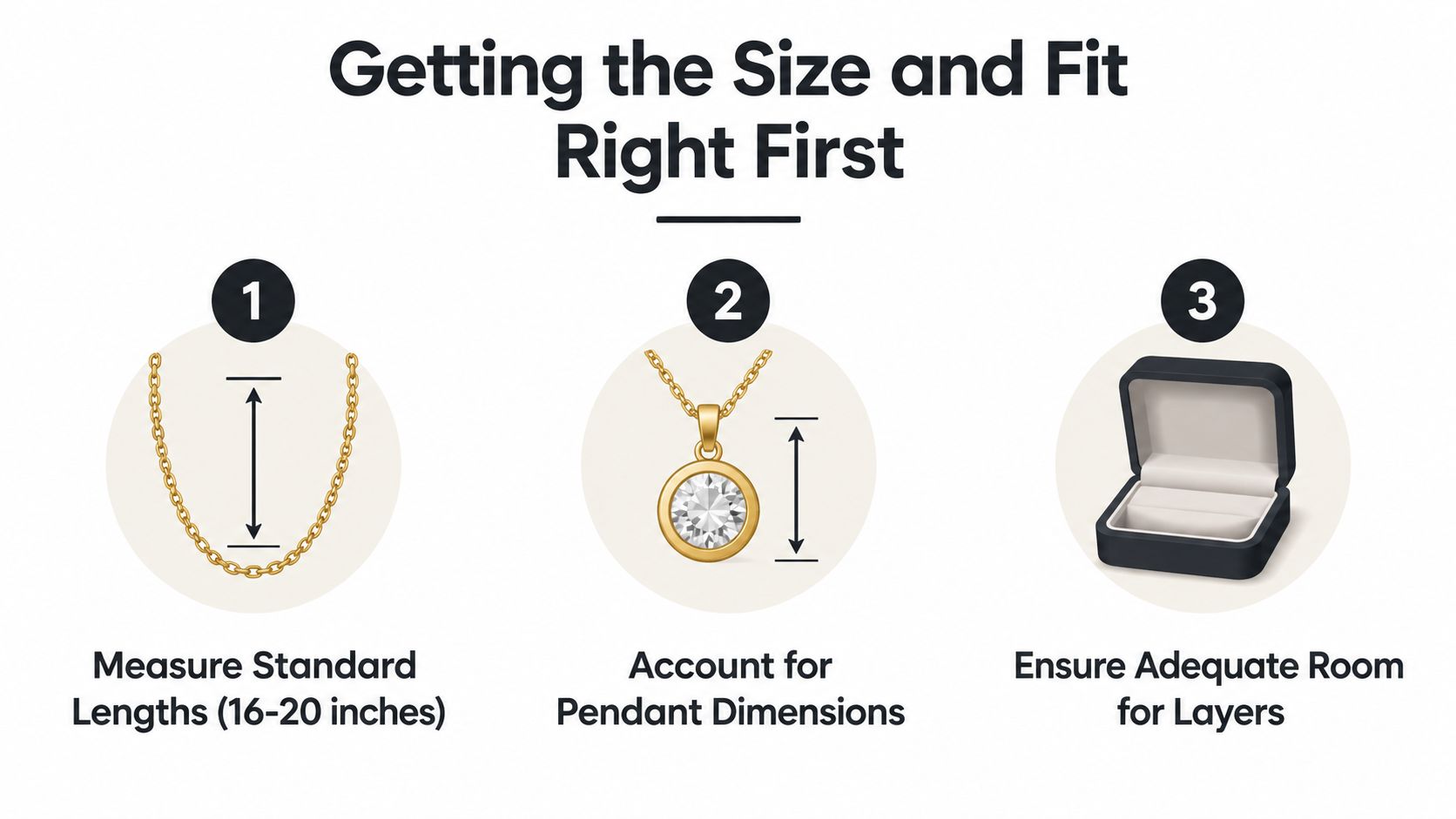 A guide for choosing jewelry size and fit, featuring necklace measurements, pendant dimensions, and gift box storage.
