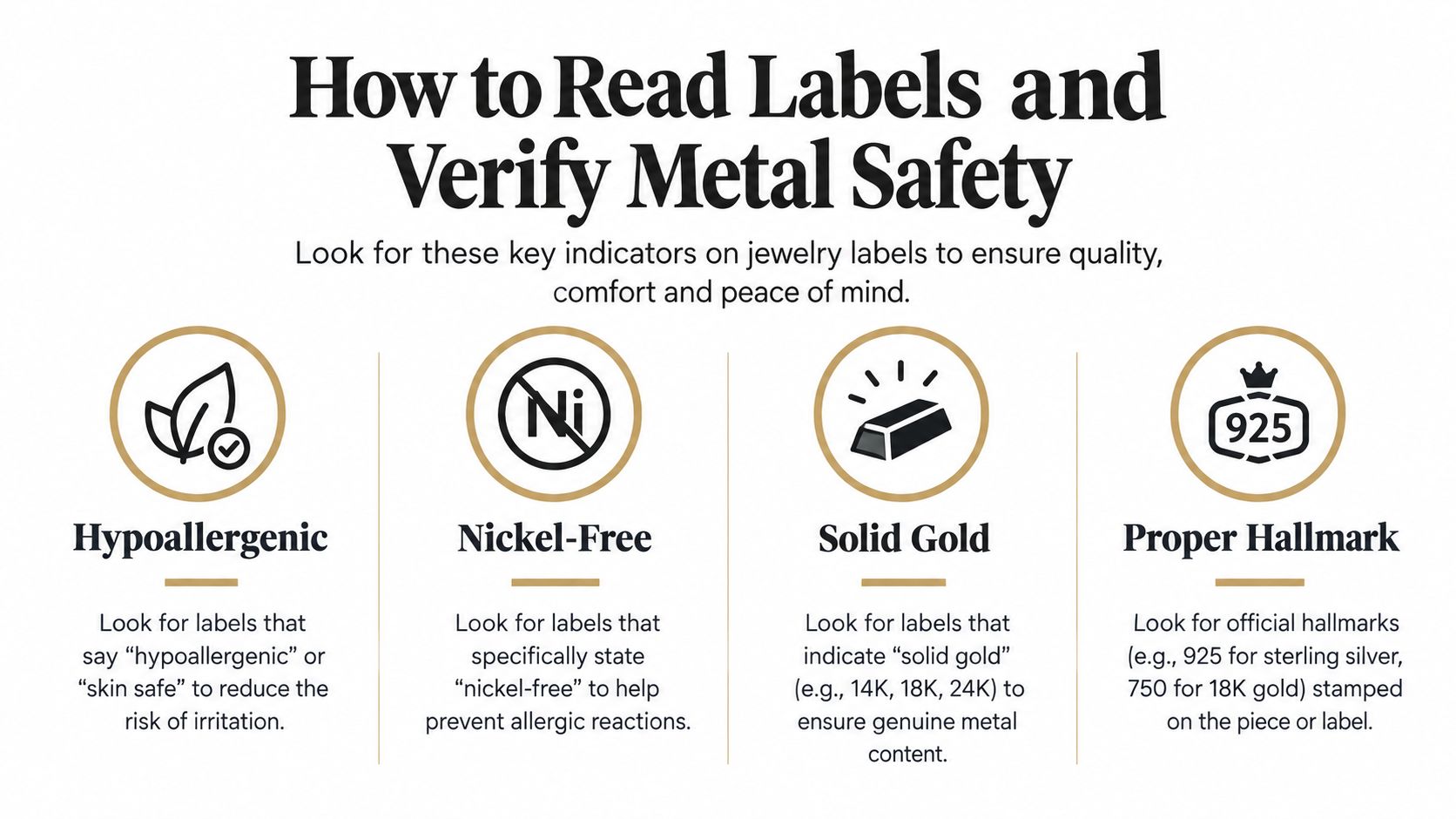 An infographic showing four tips for reading jewelry labels to verify metal safety and quality.