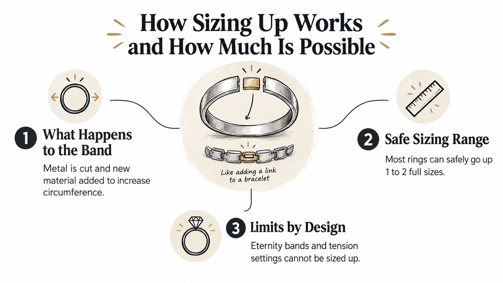 An infographic explaining how rings are resized by adding material, safe sizing limits, and design limitations.