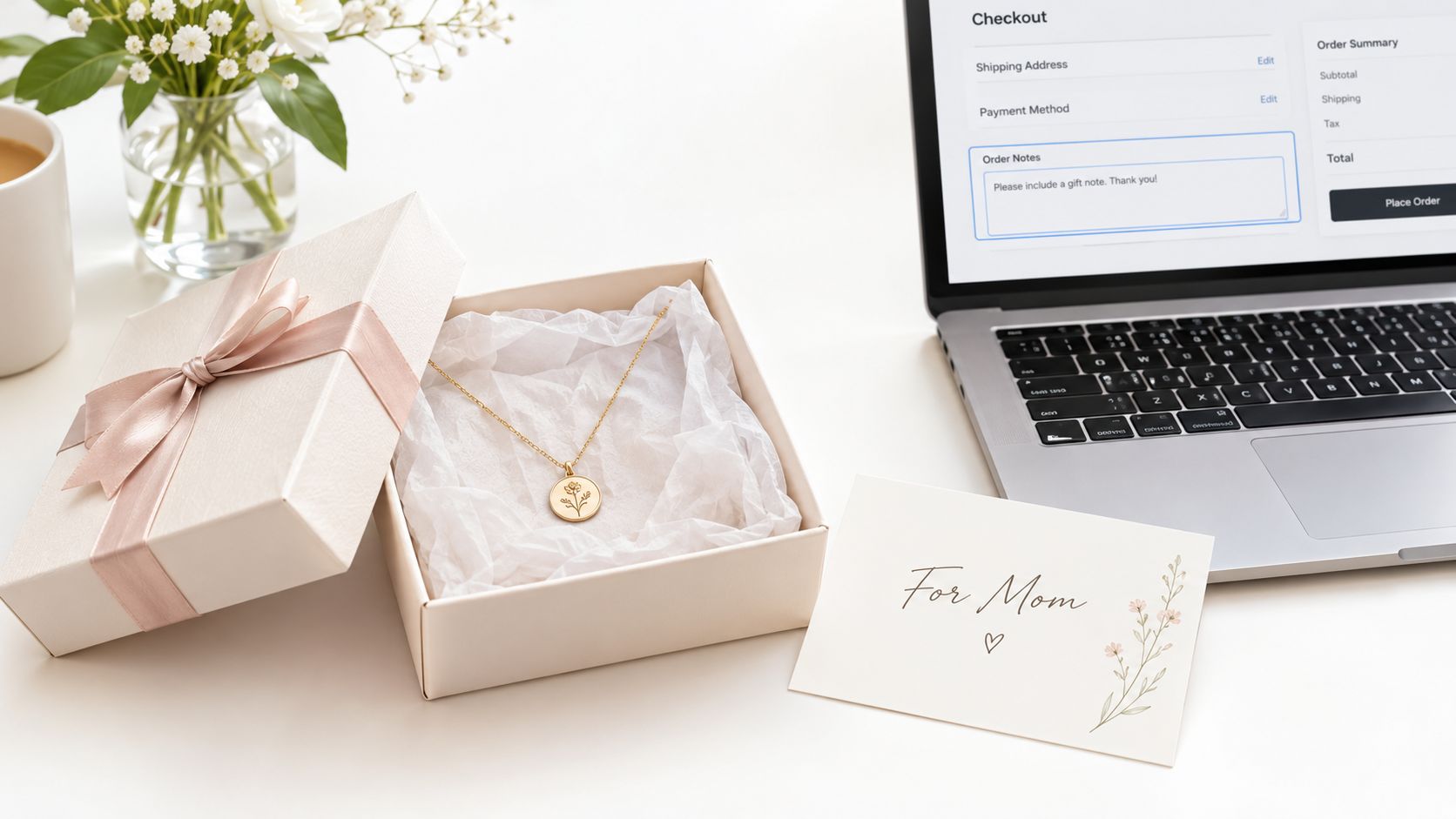 A delicate gold pendant necklace gift box and a For Mom card sitting next to a laptop.