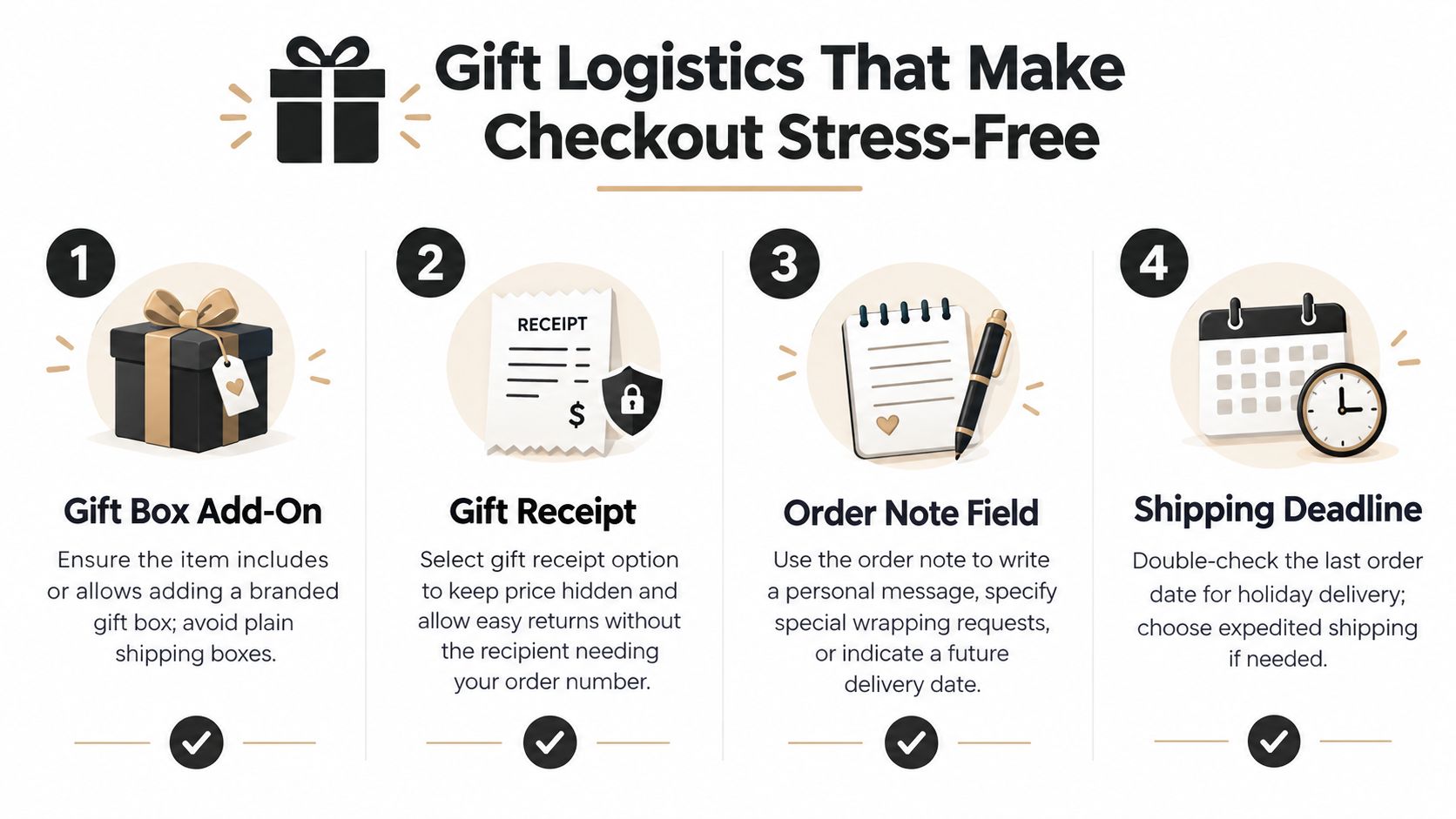 An infographic titled Gift Logistics That Make Checkout Stress-Free highlighting four tips for gifting products.