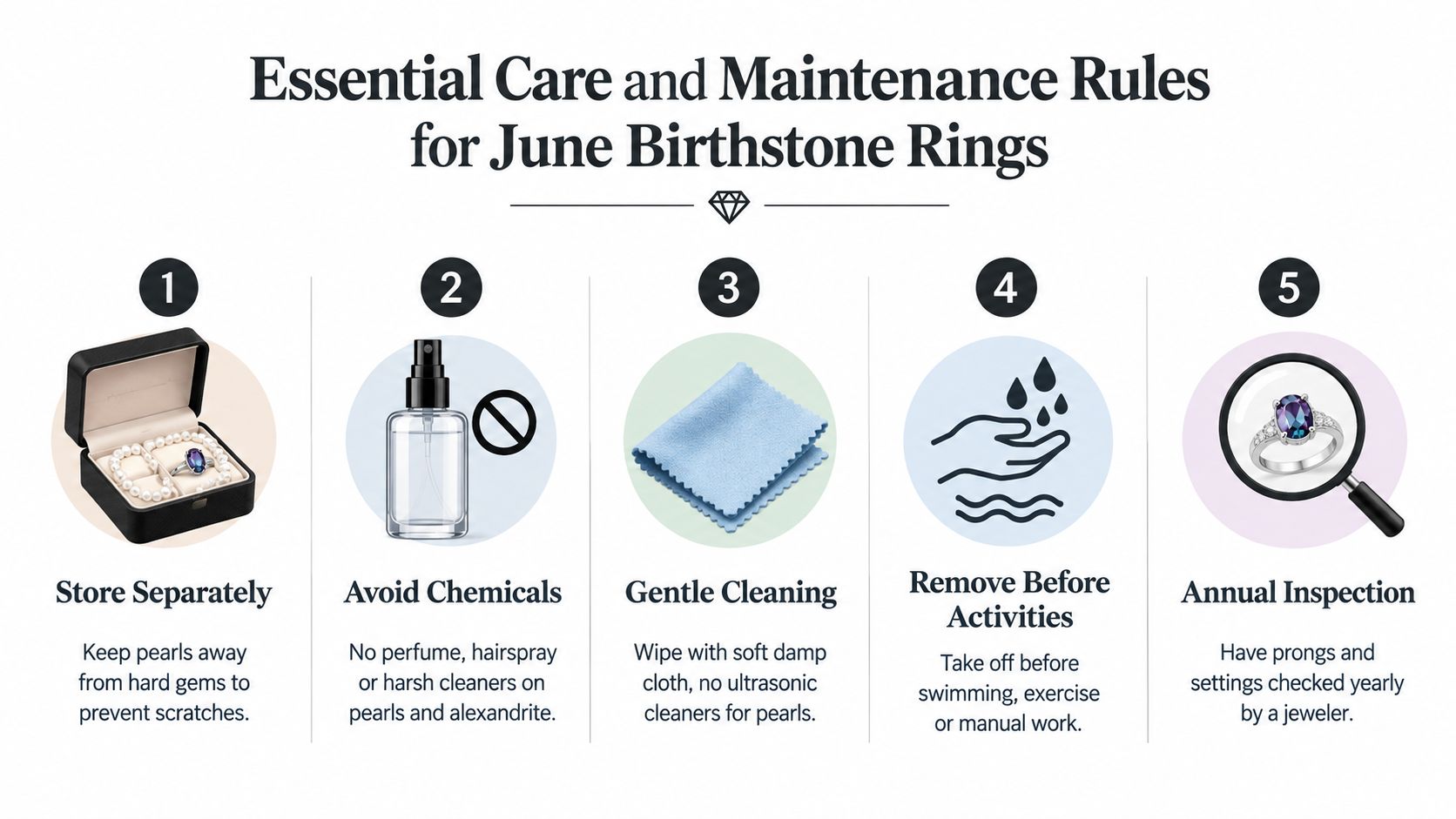 An infographic detailing five essential maintenance rules for caring for June birthstone jewelry like pearls and alexandrite.