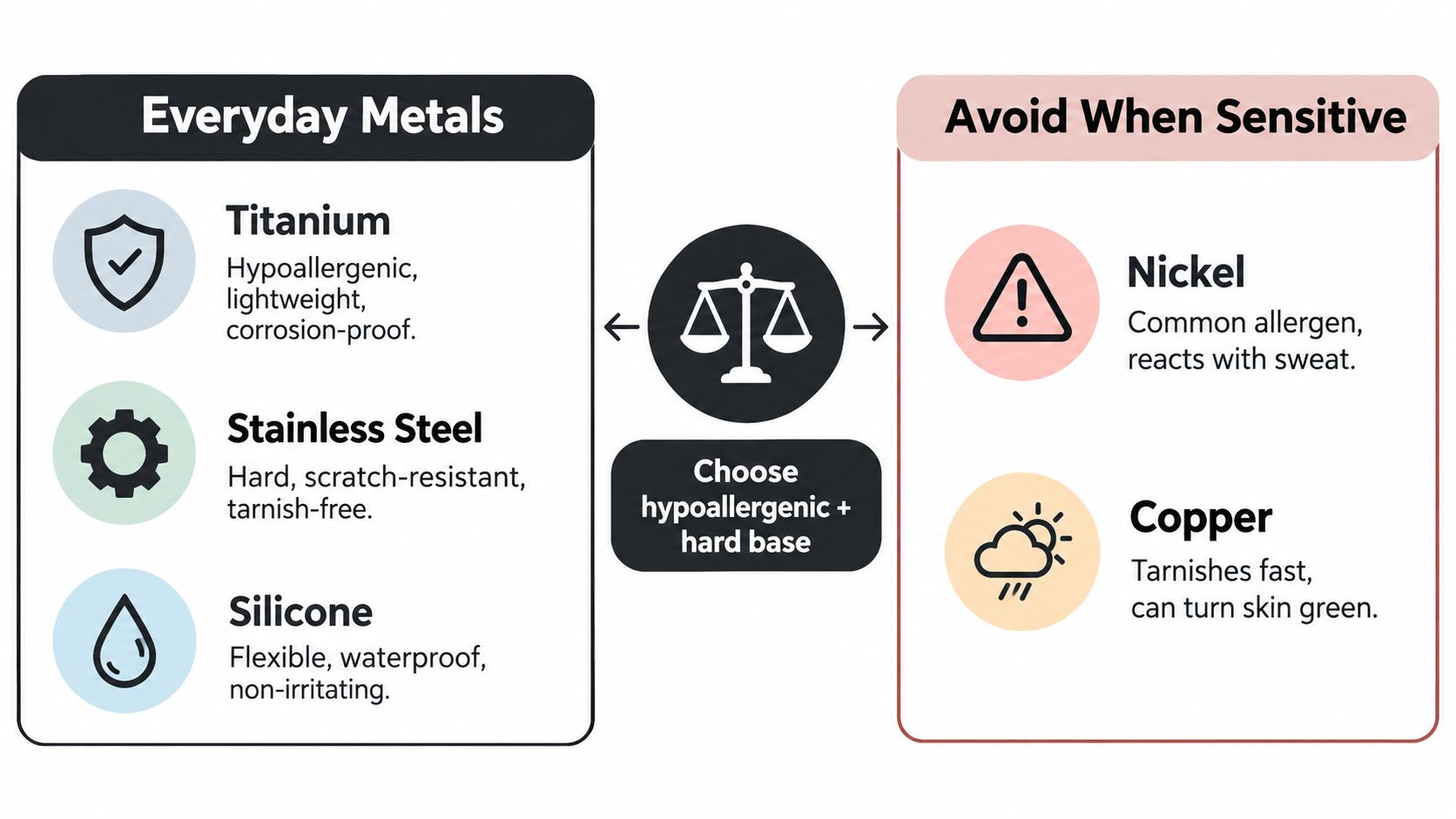 An infographic comparing recommended everyday metals for sensitive skin against metals to avoid like nickel and copper.