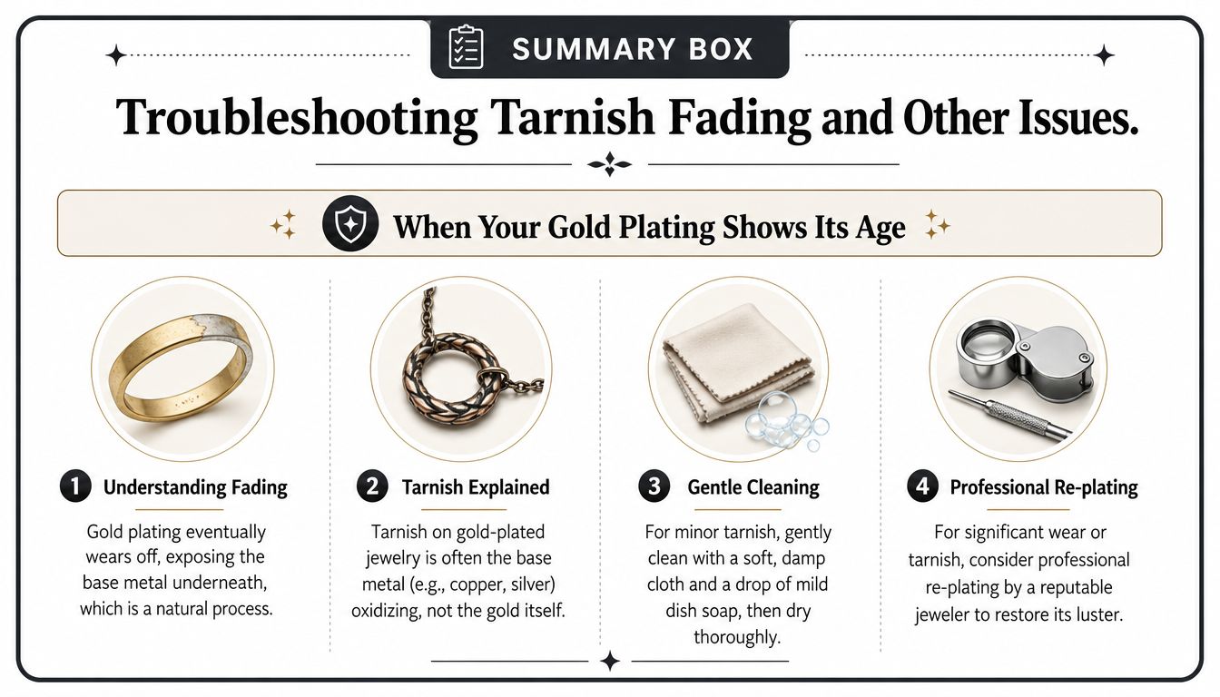 An infographic titled Troubleshooting Tarnish Fading and Other Issues, offering tips for maintaining gold plated jewelry.