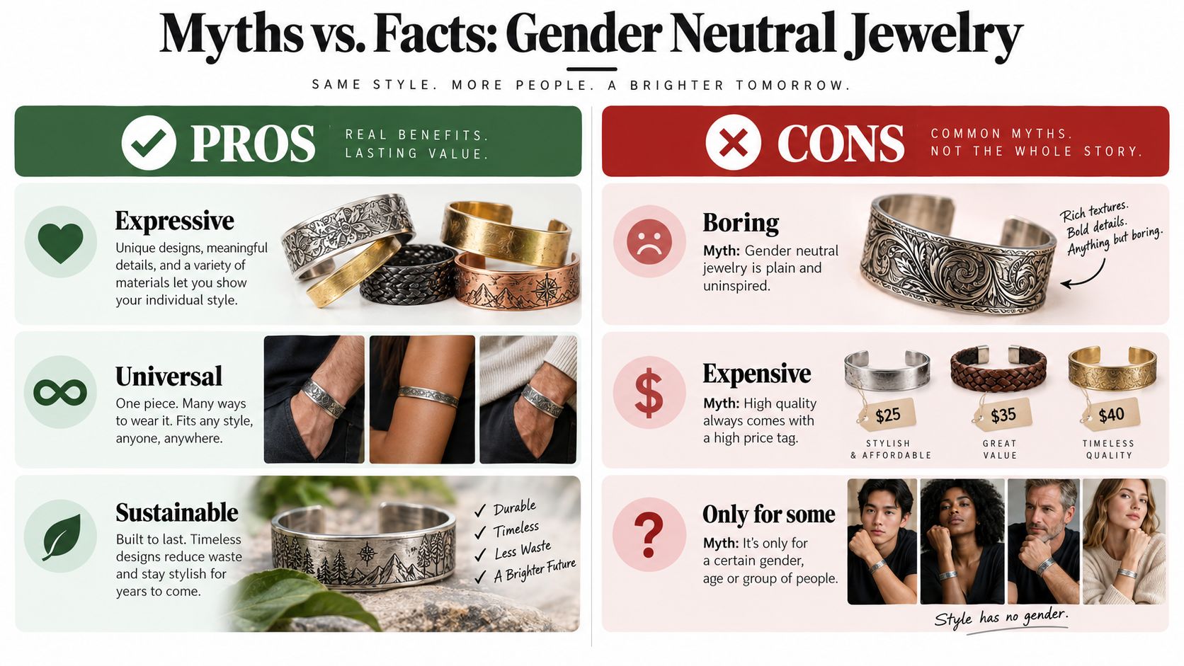 An infographic comparing pros and cons of gender neutral jewelry with images of metal cuff bracelets.