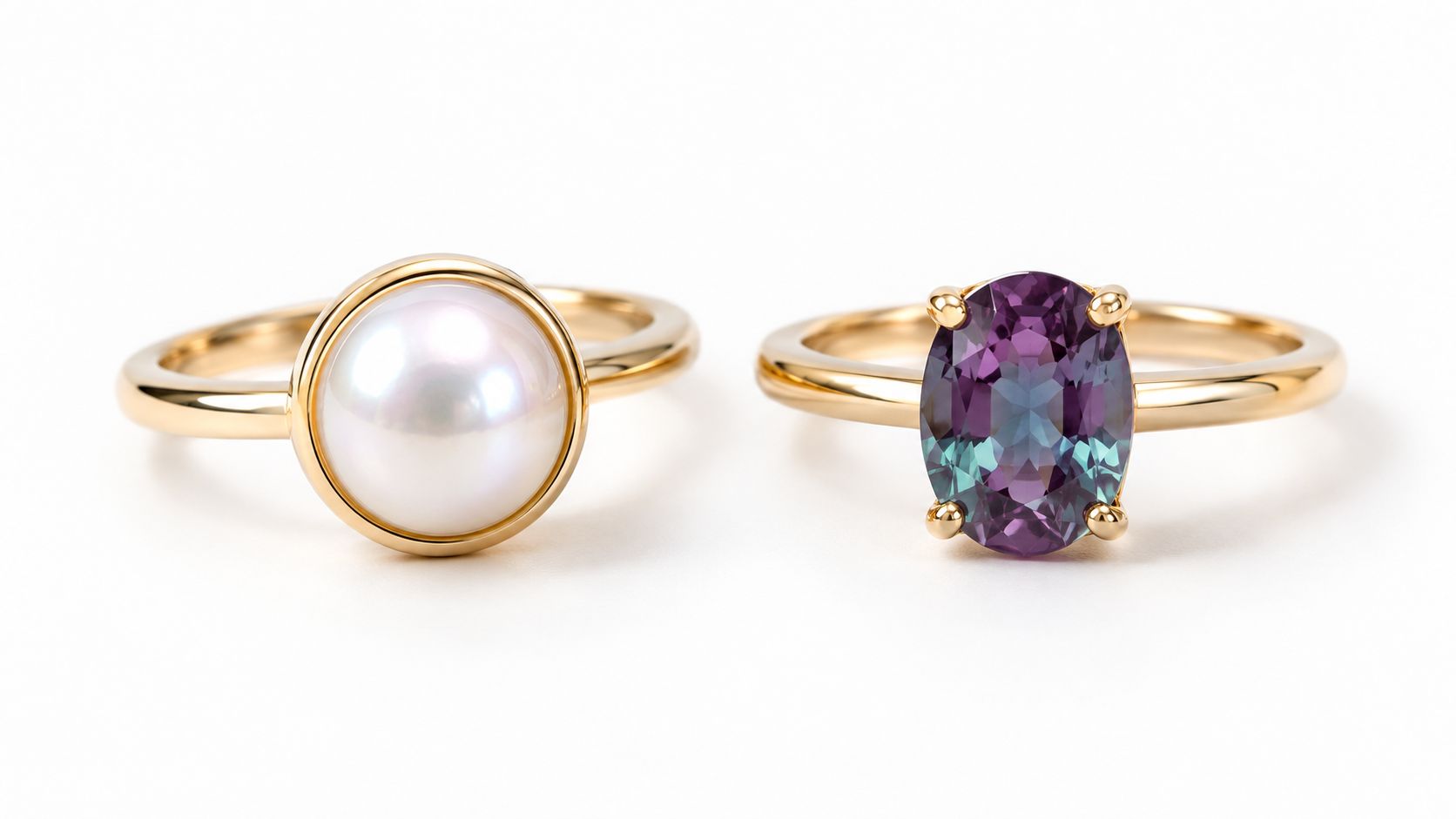 A pearl ring and an oval alexandrite ring made of yellow gold sitting on a white surface.