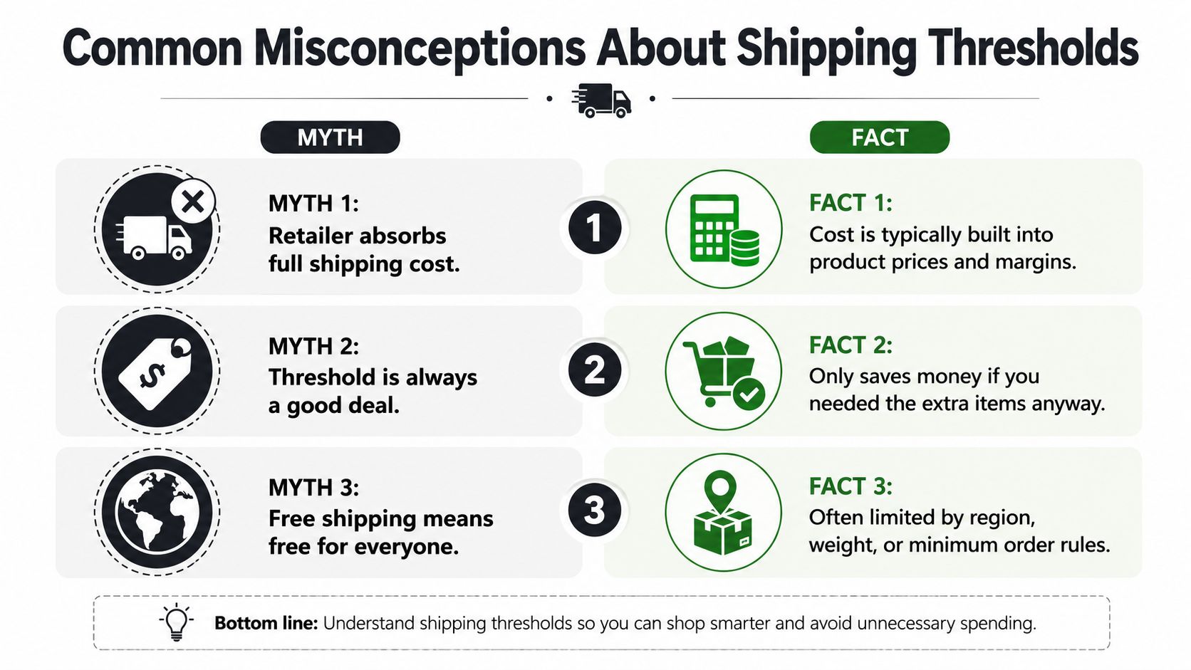 An infographic titled Common Misconceptions About Shipping Thresholds showing three common myths contrasted with shipping facts.