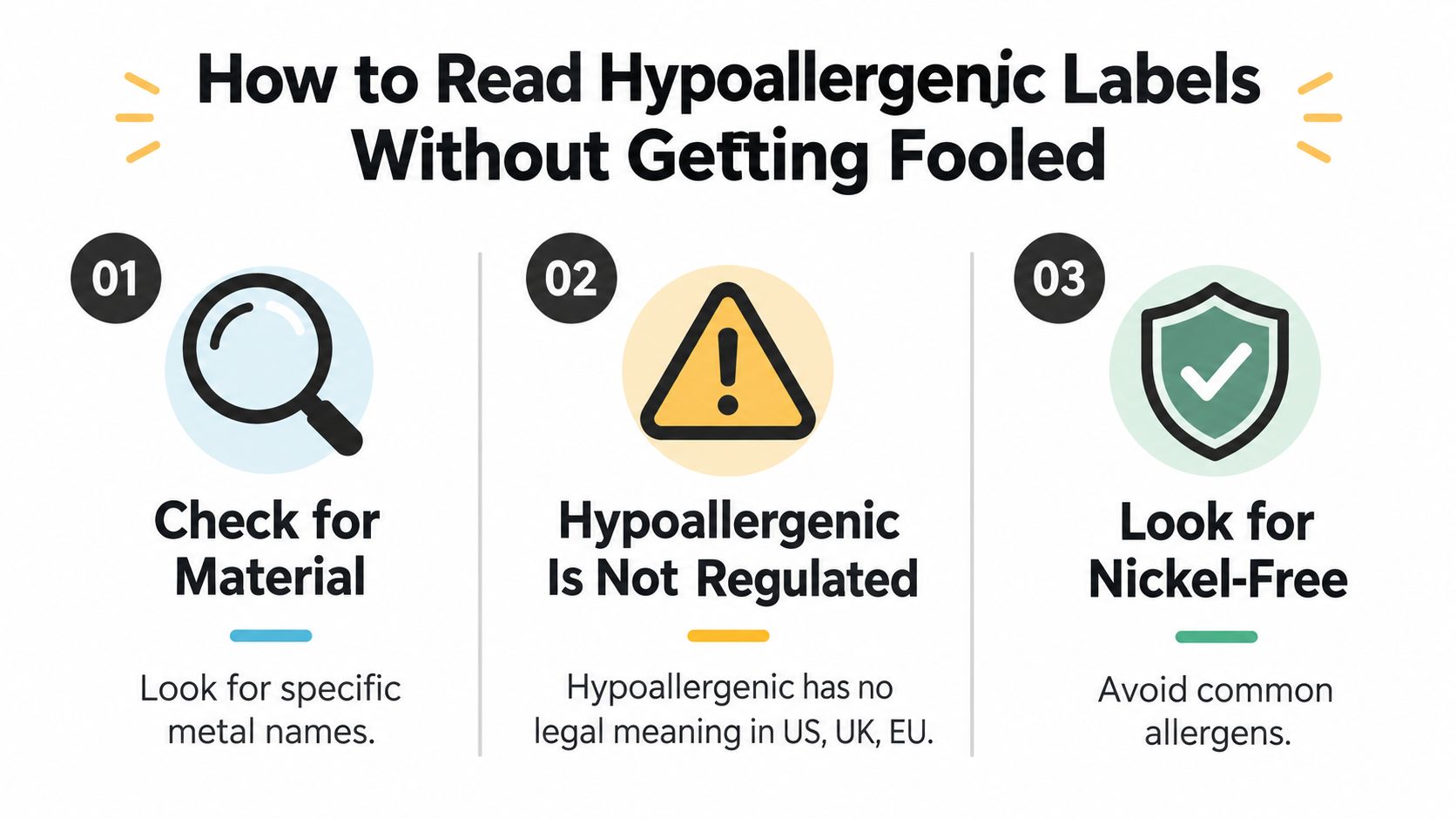 A guide on how to read hypoallergenic jewelry labels featuring three numbered tips on material, regulation, and nickel-free options.