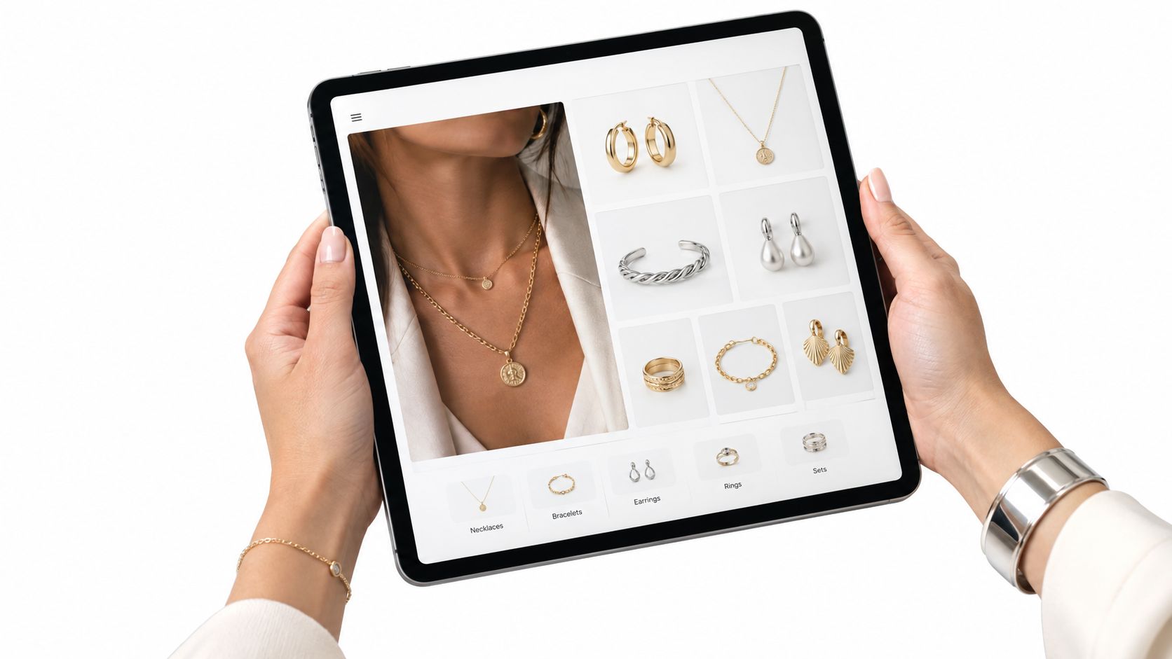 A person holding a tablet displaying a jewelry online shopping website featuring necklaces, earrings, and rings.
