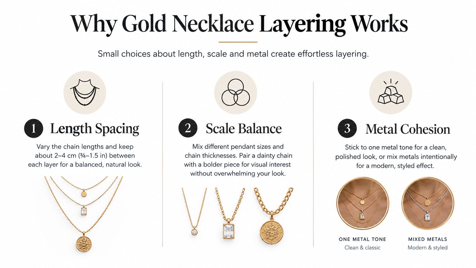 An infographic titled Why Gold Necklace Layering Works showing tips for length spacing, scale balance, and metal cohesion.