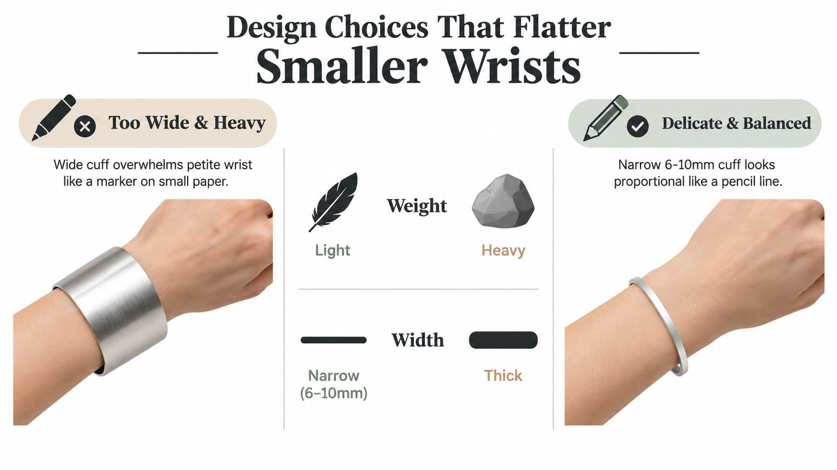 An infographic showing that narrow cuff bracelets are more flattering and balanced for smaller wrists than wide cuffs.