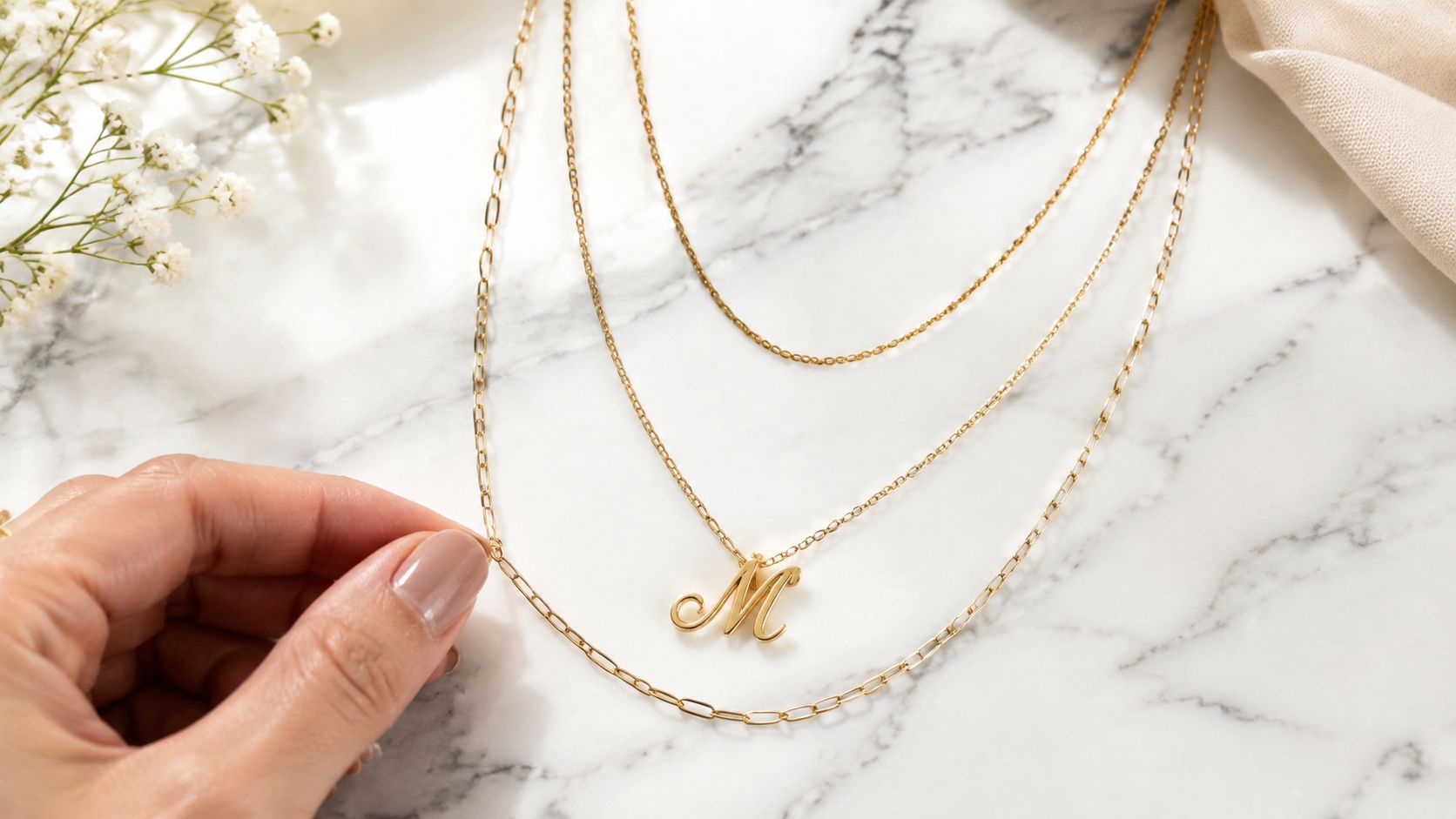 A hand holding a layered gold necklace featuring a cursive M initial pendant on a marble background.