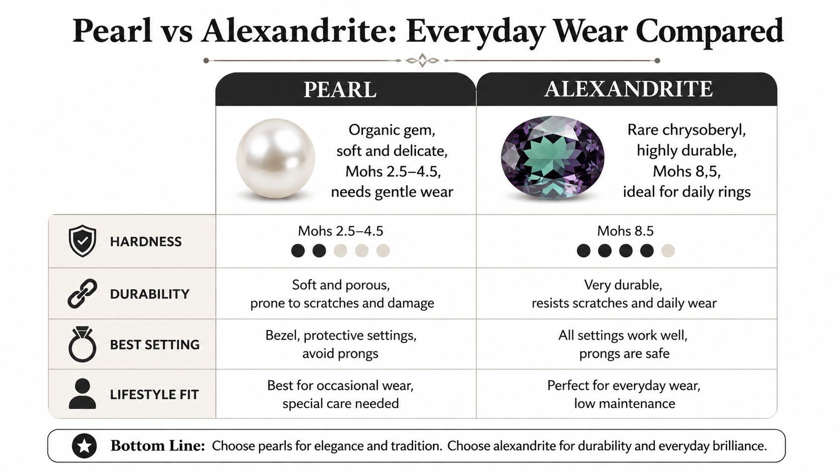A comparison chart showing the hardness, durability, settings, and lifestyle suitability of pearls versus alexandrite gemstones.
