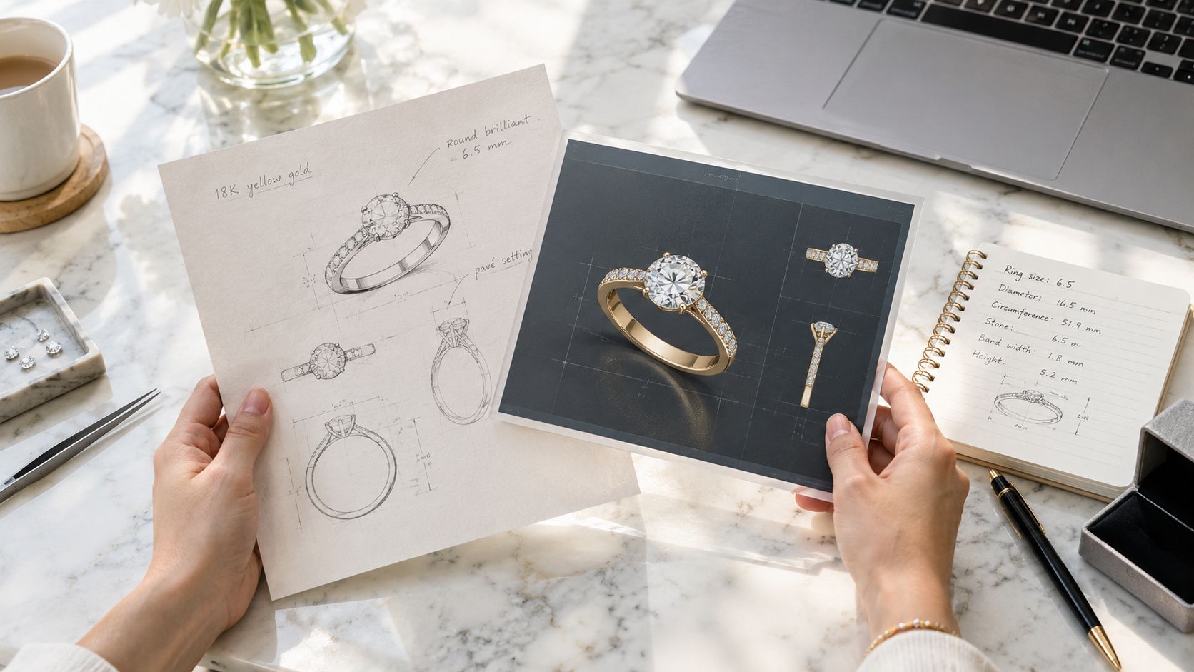 A person holding jewelry design sketches and 3D renderings of an 18K yellow gold diamond ring.