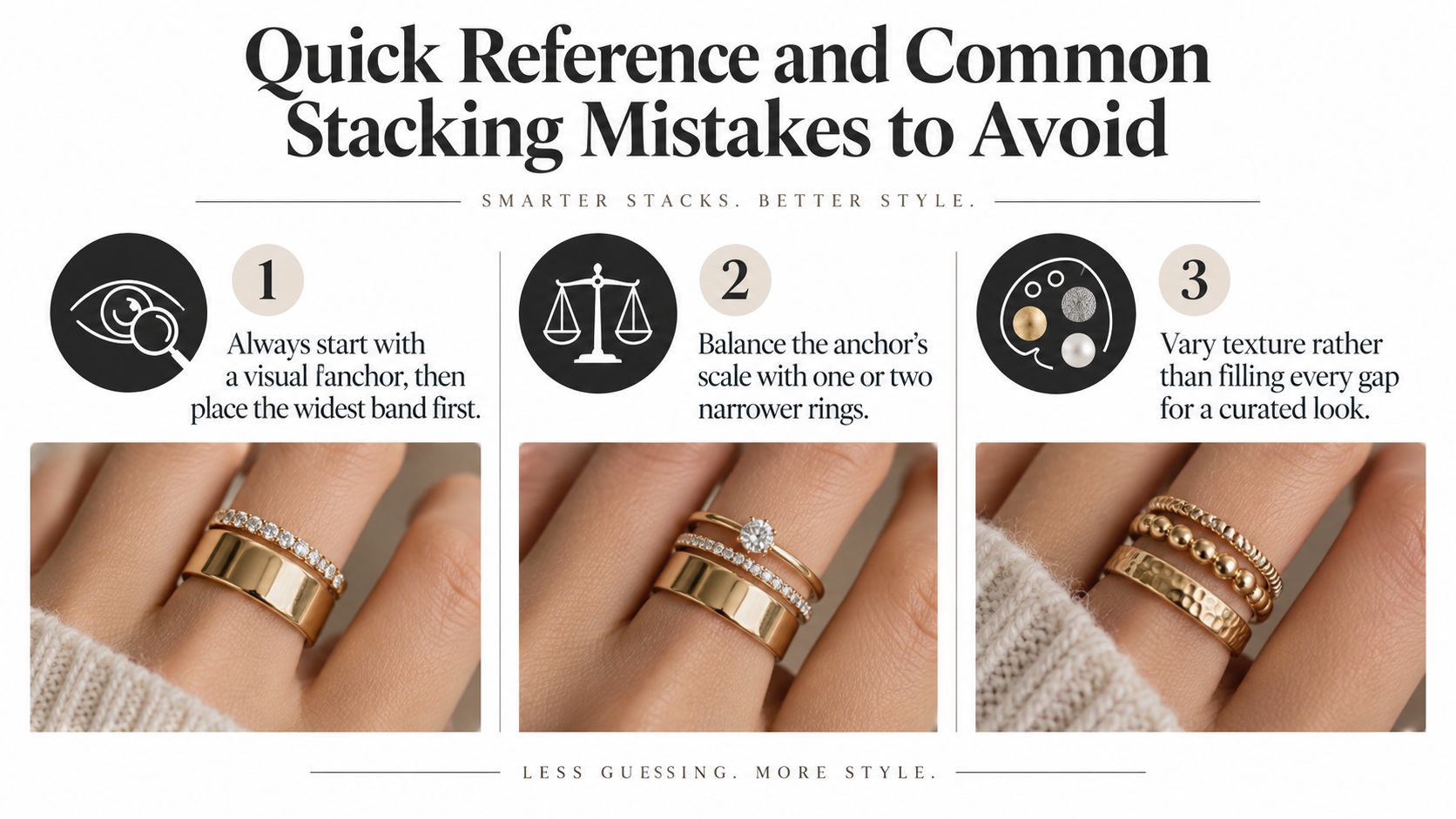 A visual guide showing three tips for stacking rings with examples on fingers to create stylish combinations.