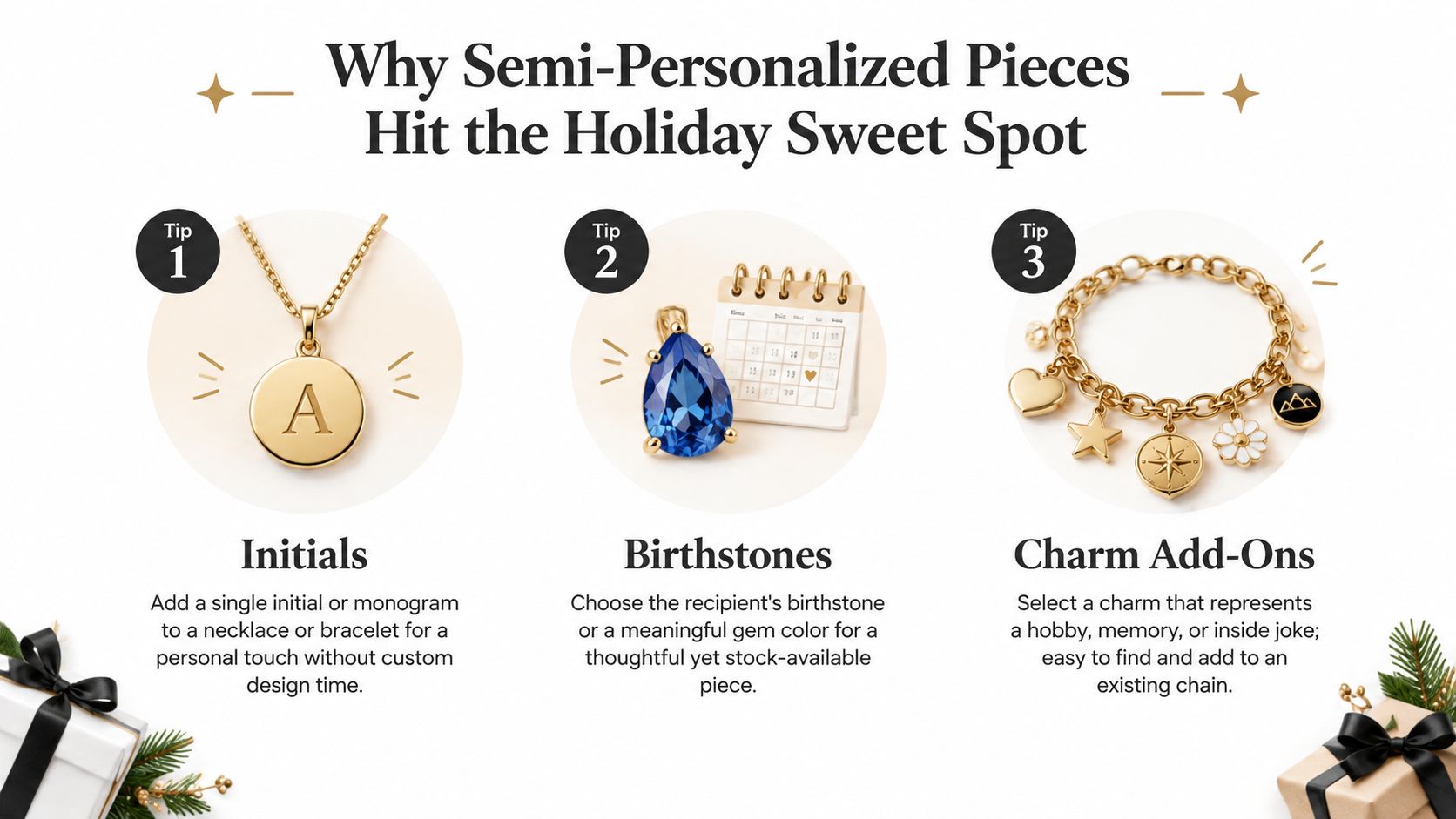 An infographic titled Why Semi-Personalized Pieces Hit the Holiday Sweet Spot with three tips about jewelry gifts.
