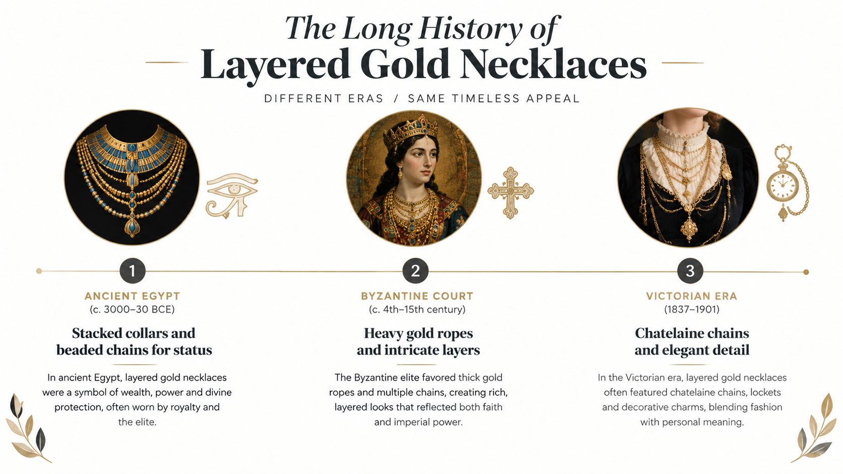 An infographic illustrating the history of layered gold necklaces across ancient Egypt, Byzantine, and Victorian historical eras.
