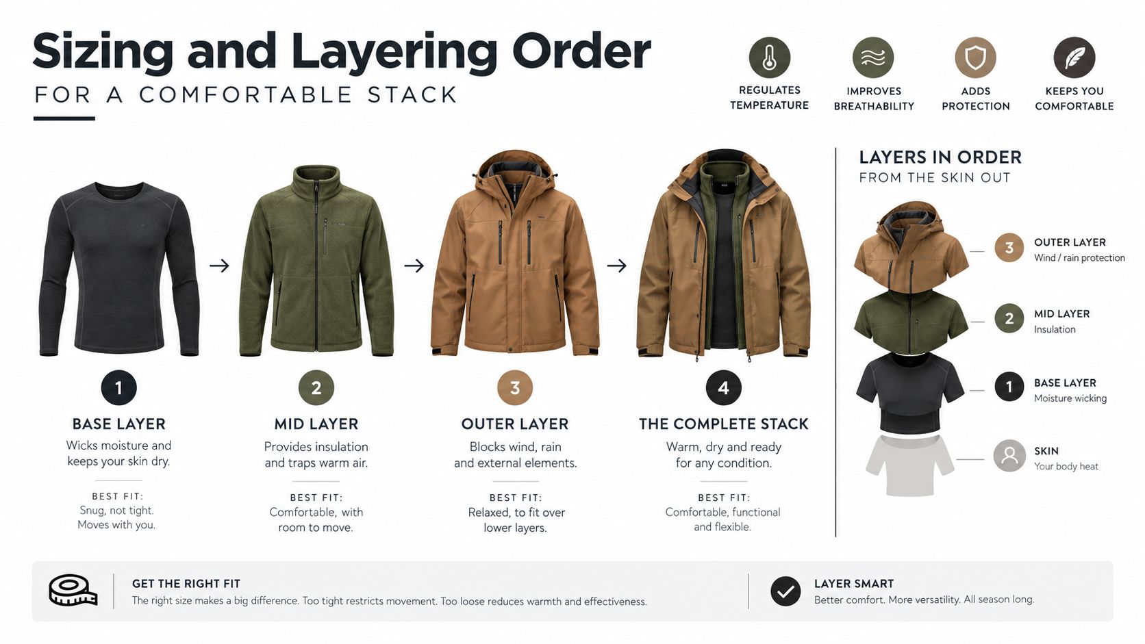 A diagram illustrating the three-layer clothing system for outdoor activities, showing base, mid, and outer layers.