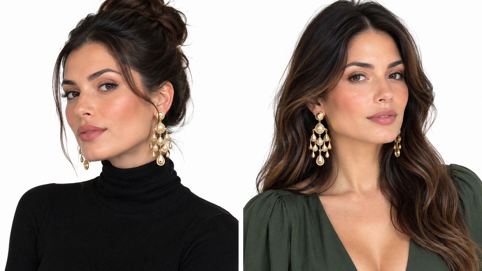 A split image featuring a woman wearing intricate gold statement chandelier earrings with two different outfits.