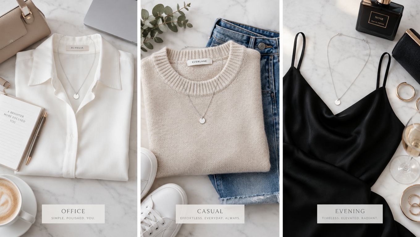 Three styled clothing flatlays featuring a silver minimalist necklace paired with office, casual, and evening outfits.