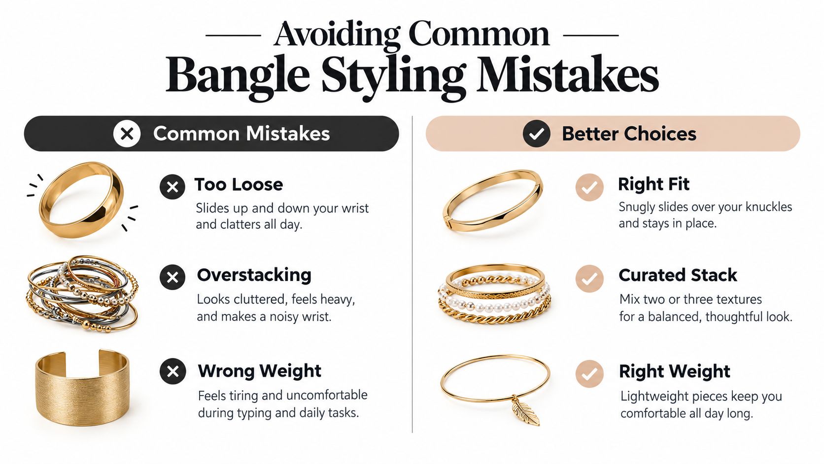 A comparison chart showing common bangle styling mistakes on the left and better styling choices on the right.