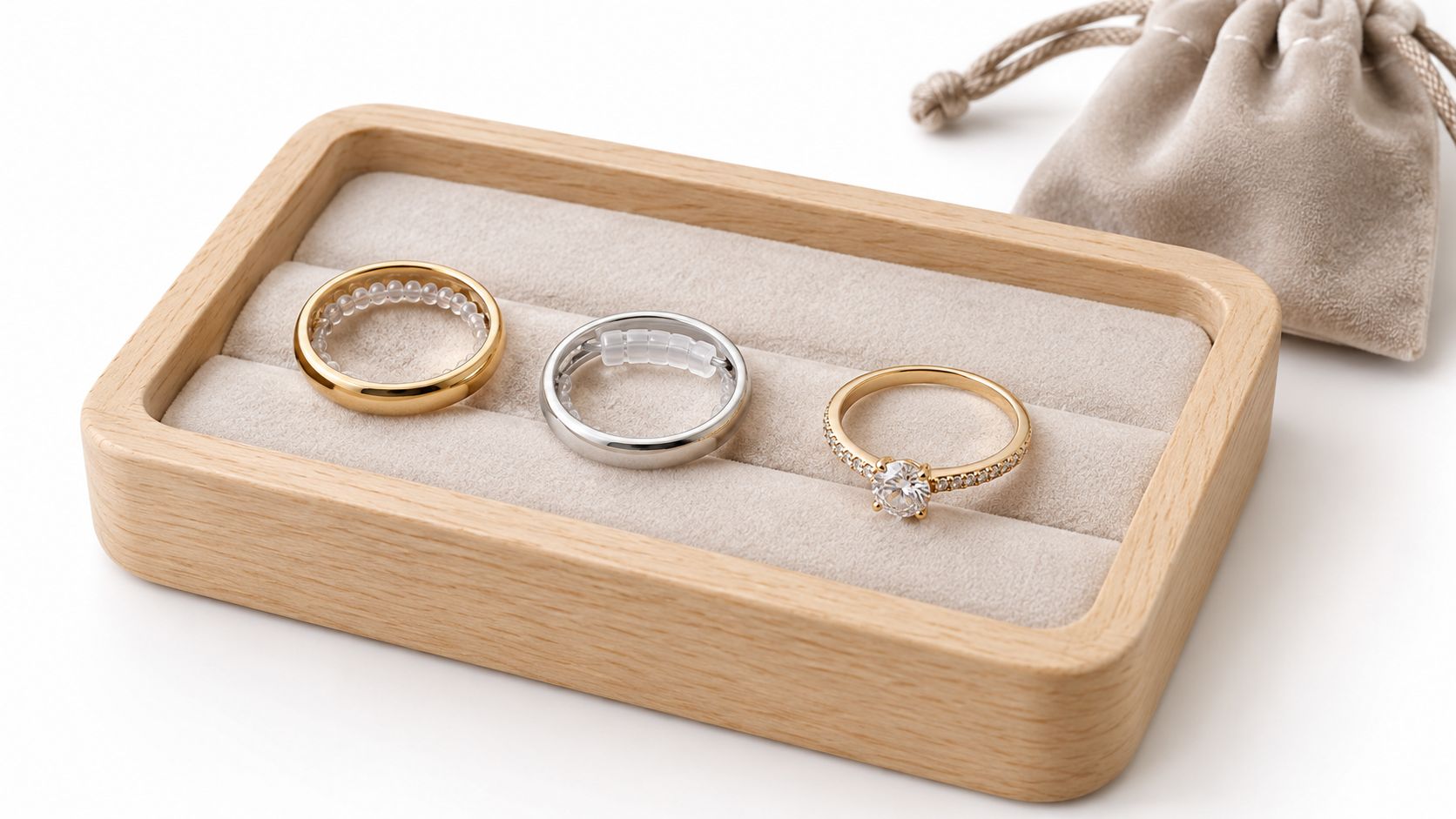 Three different rings displayed on a beige velvet insert inside a wooden jewelry box with a pouch.