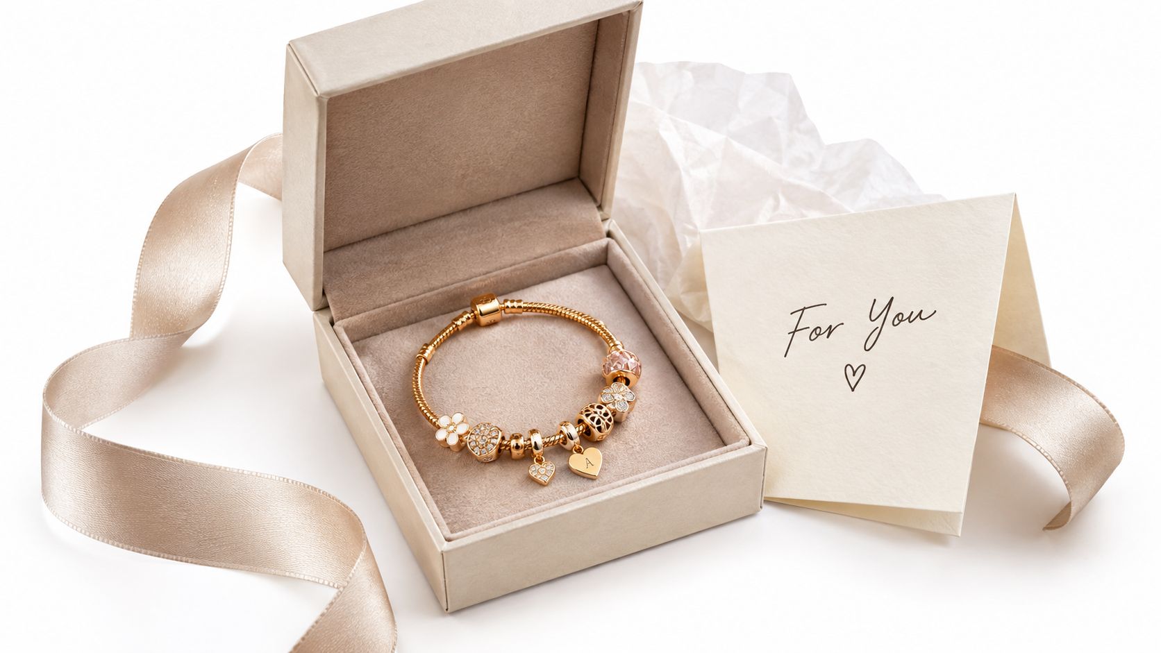 A luxurious golden charm bracelet displayed inside an elegant gift box with a handwritten note saying For You.