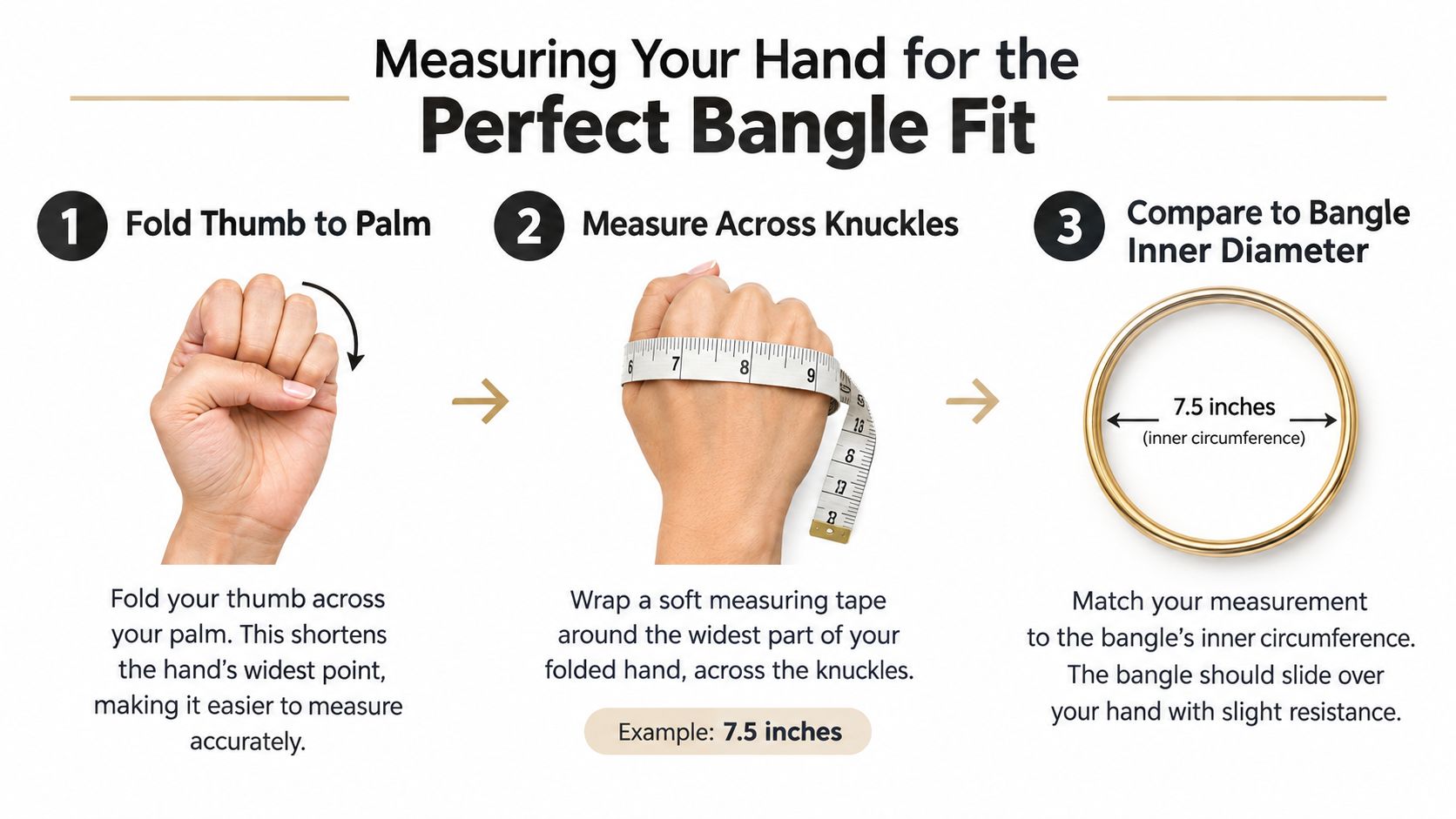 A step-by-step guide on how to measure your hand circumference to find the correct bangle size.